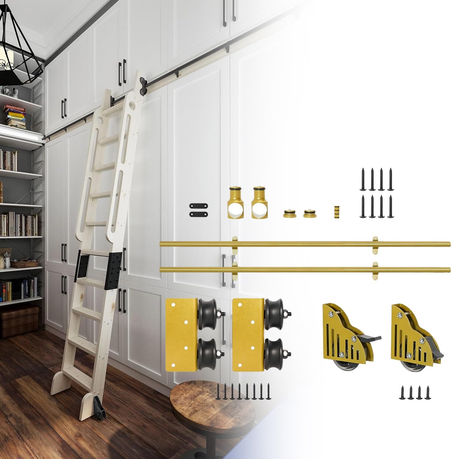 Kit quincaillerie pour échelle coulissante de bibliothèque haut de gamme avec roues freinées
