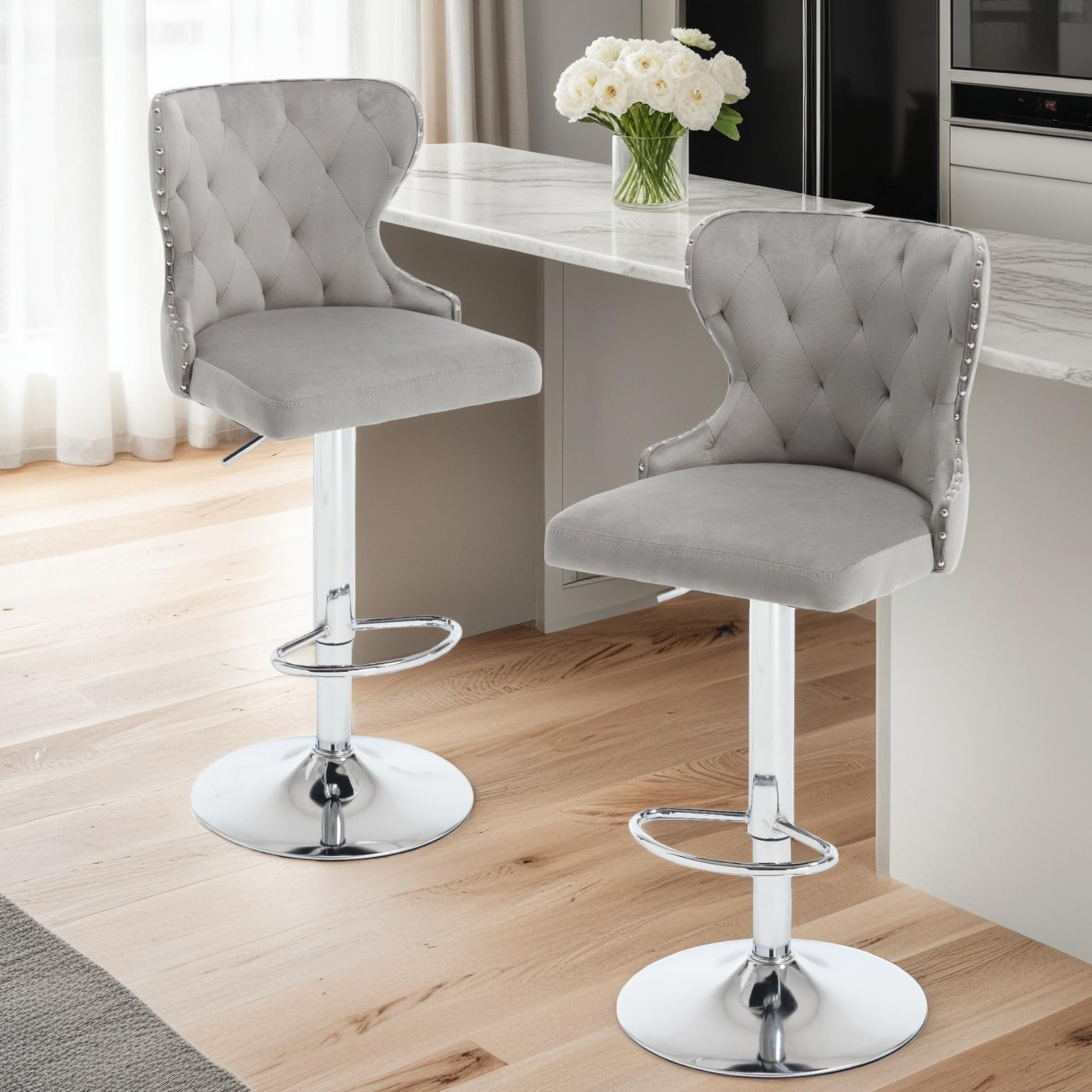 MAKOSAR Set of 2 Adjustable Swivel Bar Stools,Velvet Upholstered Counter Height Chairs with Nailhead Trim, Silver Footrest, and High Back for Kitchen