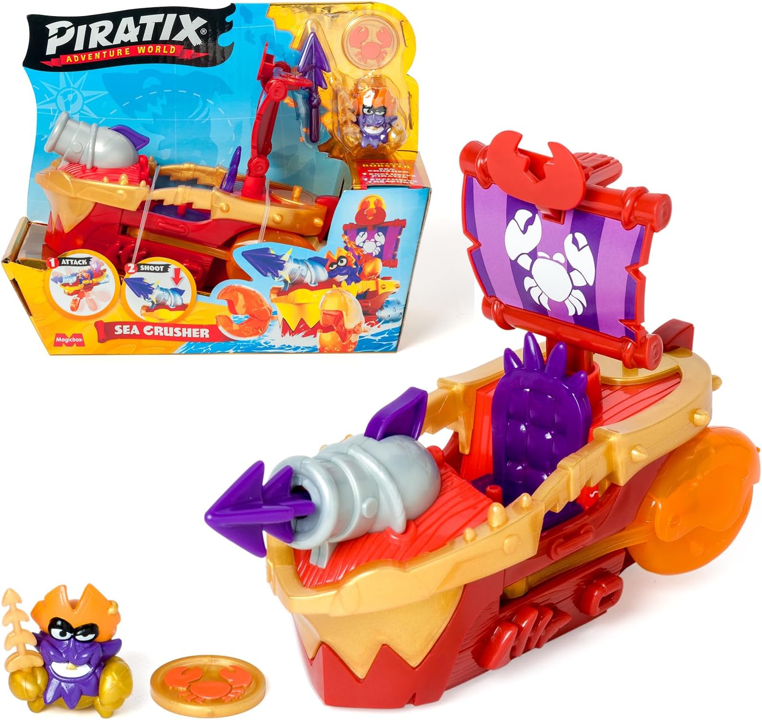 PIRATIX, ADVENTURE WORLD Sea Crusher - Pirate Ship in the shape of a crab, includes 1 pirate ship, 1 Piratix, 1 treasure, 1 accessory, 1 cannon and 1 projectile