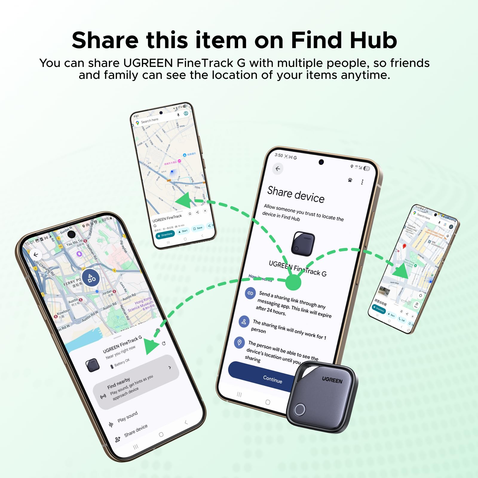 UGREEN FineTrack G Tag Traceur Fonctionne avec Find Hub Android Uniquement Chargement USB C Localisateur Objets Bluetooth pour Clés Valises Portefeuilles Wallet Bagages Sacs avec Câble USB C Lot de 4