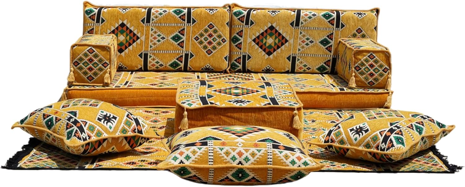arabicsofa Ethnic Single Loveseat Floor Sofa Set – Washable Cover Bohemian Style Floor Cushions Set with Ottoman Couch
