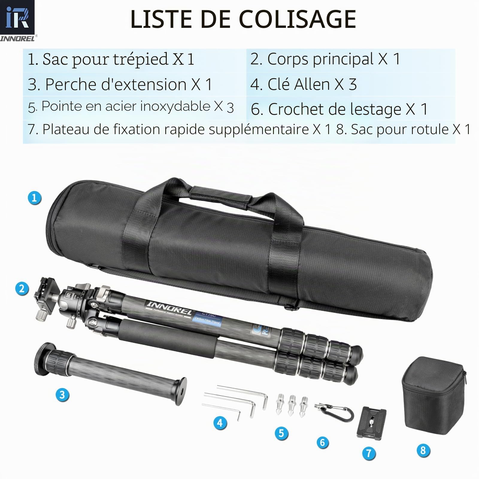 Trépied en Fibre de Carbone - INNOREL CT75C Trépied Compact Professionnel Support de caméra Lourde pour caméra vidéo DSLR avec tête de Bille à Basse gravité de 36mm et Colonne Centrale Tube de 29 mm