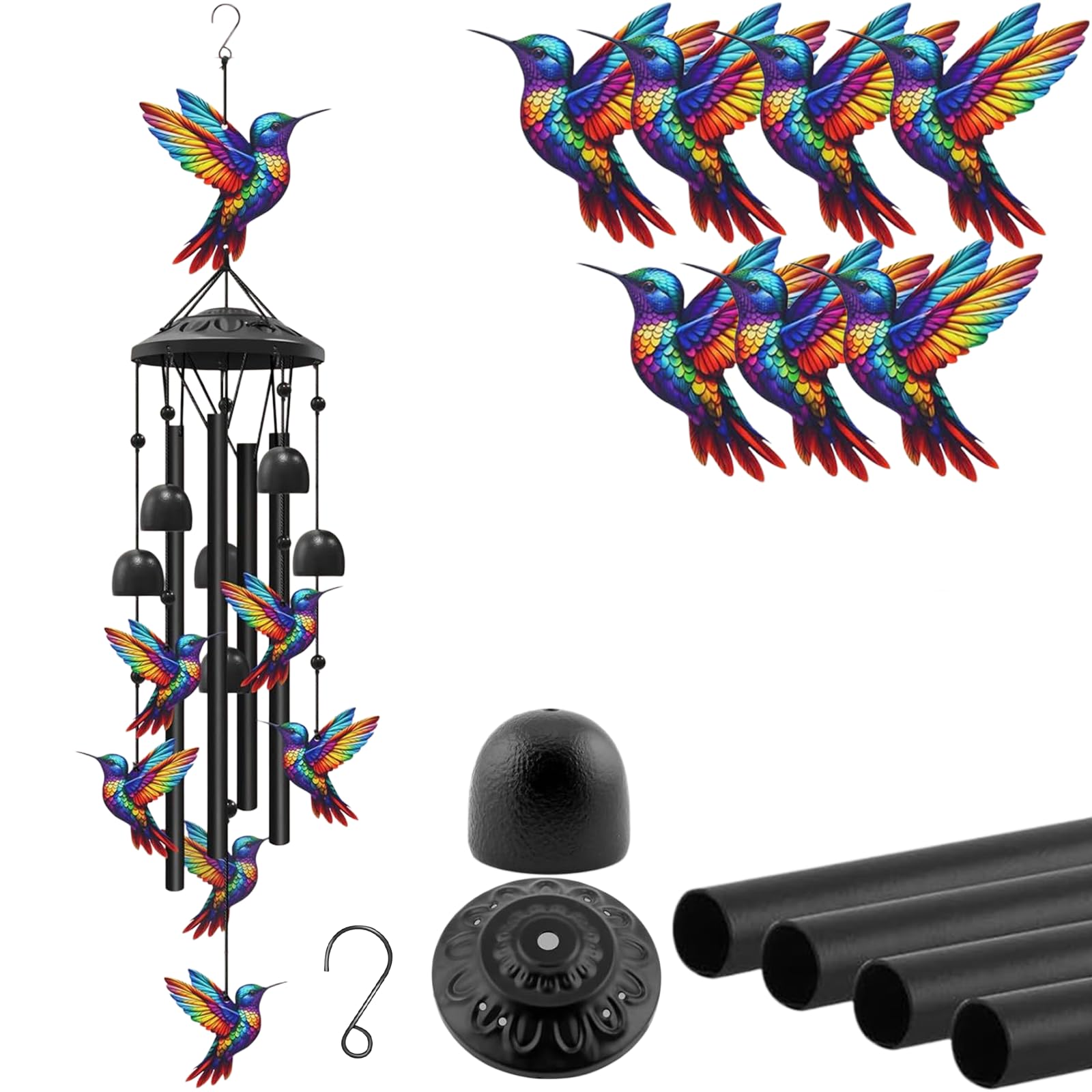 Vintage Colorful Hummingbird Wind Chimes for Outside, Metal Wind Chime with 7 Hummingbirds, 4 Aluminum Tubes, Garden Decor for Patio Porch Yard (#A)