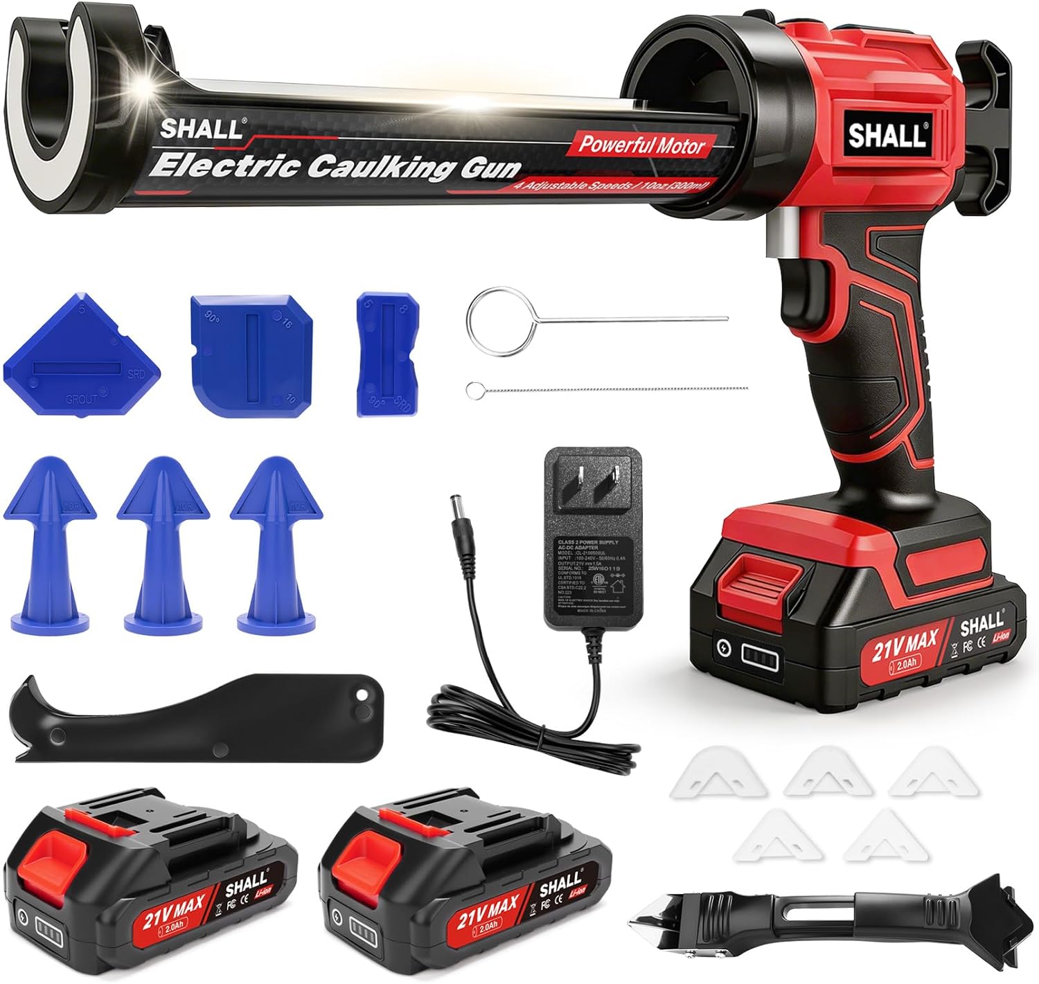 SHALL 21V Cordless Caulking Gun, Electric Caulk Gun with 2 x 2.0Ah Batteries & Silicone Finishing Tool Kit, 4 Adjustable Speeds, Anti-Drip, Fits 10oz/300ml Cartridges for Bathroom Kitchen Tile Sealing