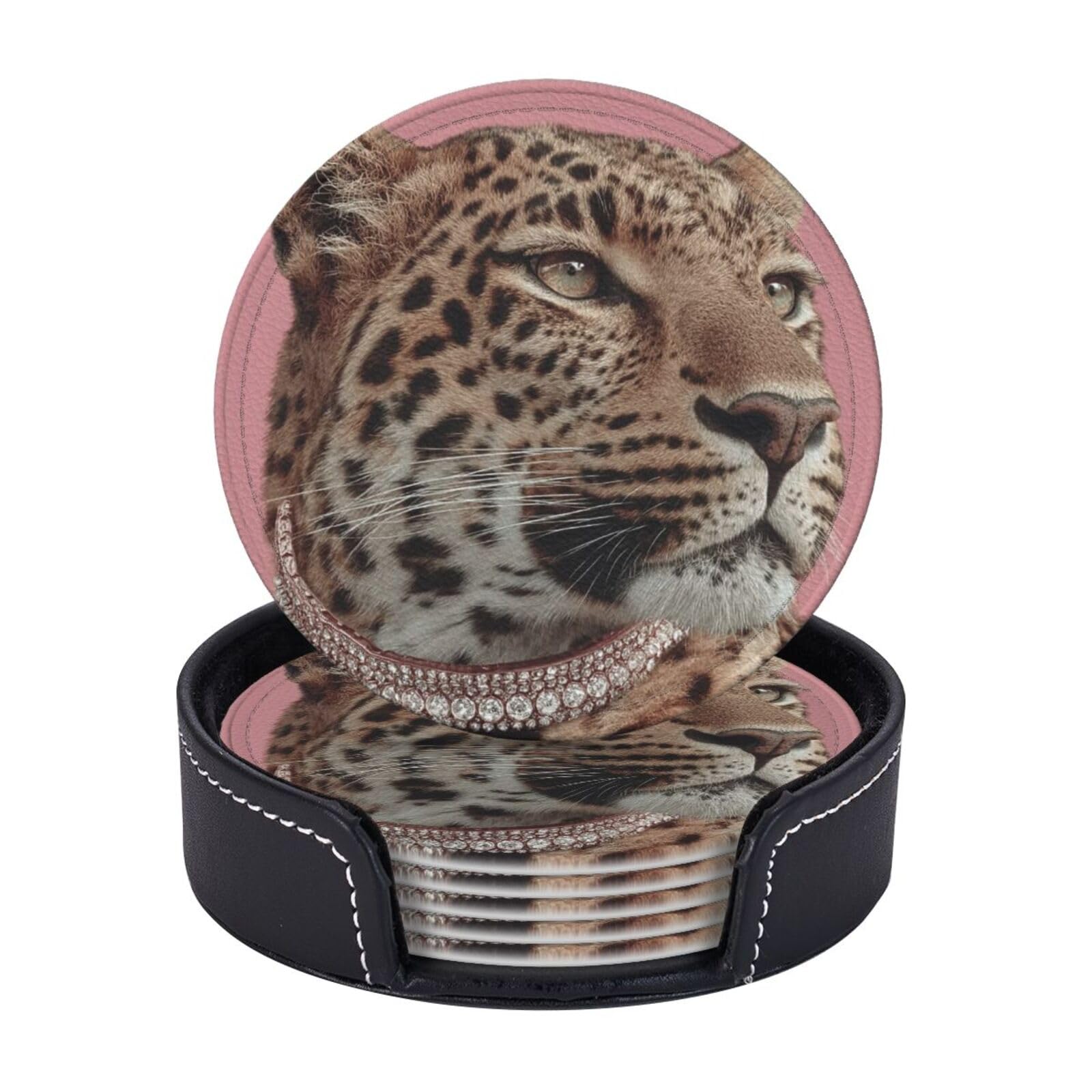 Drink Coasters 6 PCS Round Leather Coaster Pink Leopard Coasters for Drinks Non-Slip Mugs Pads with Holder Personalized Cups Pad Mat for Coffee Table Kitchen 10 CM