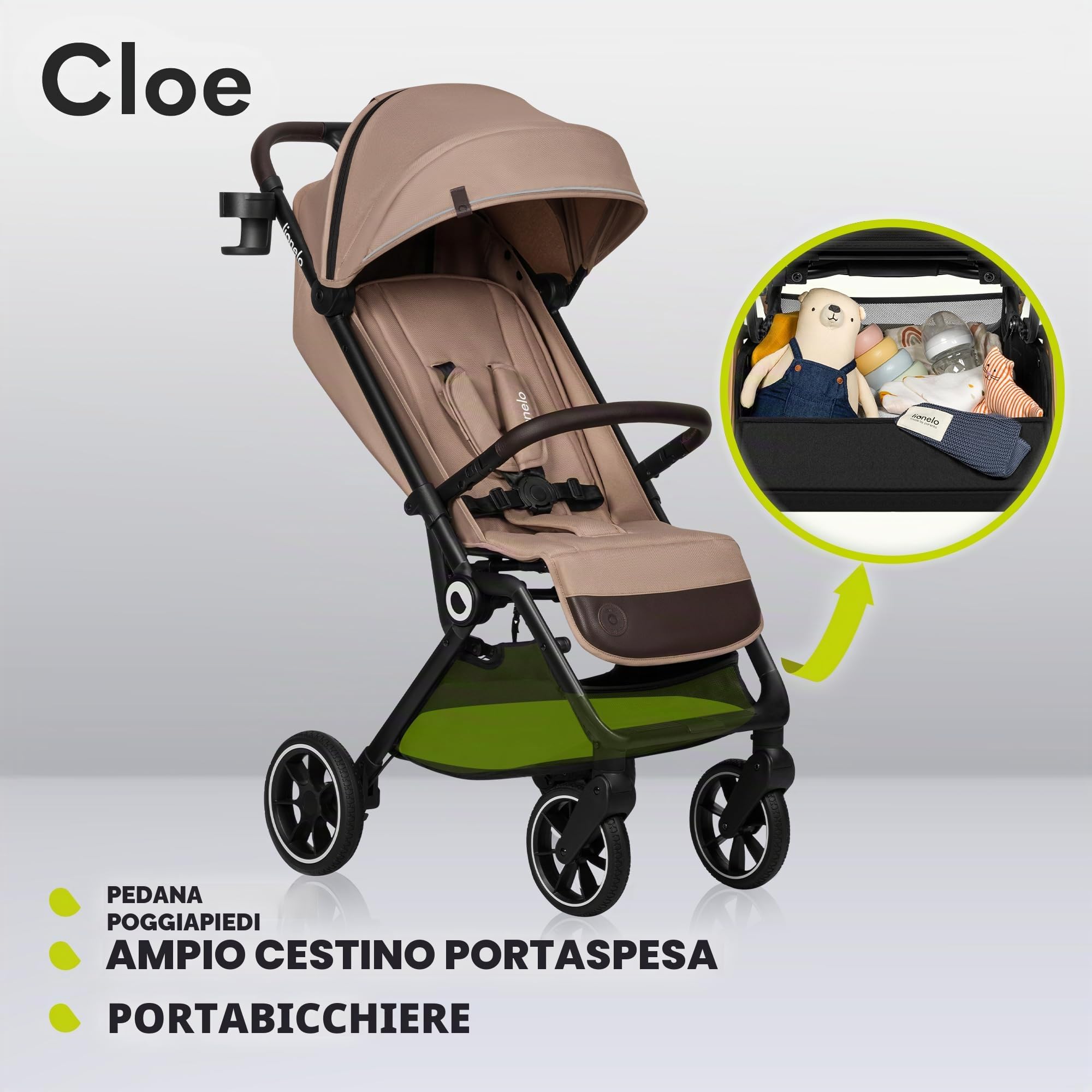 LIONELO Cloe Passeggino Leggero e Pieghevole per bambini da 6 a 48 Mesi | Passegino Compatto fino a 22 kg, Schienale Reclinabile, Posizione Distesa, Cinture a 5 Punti, Ruote XXL, Zanzariera