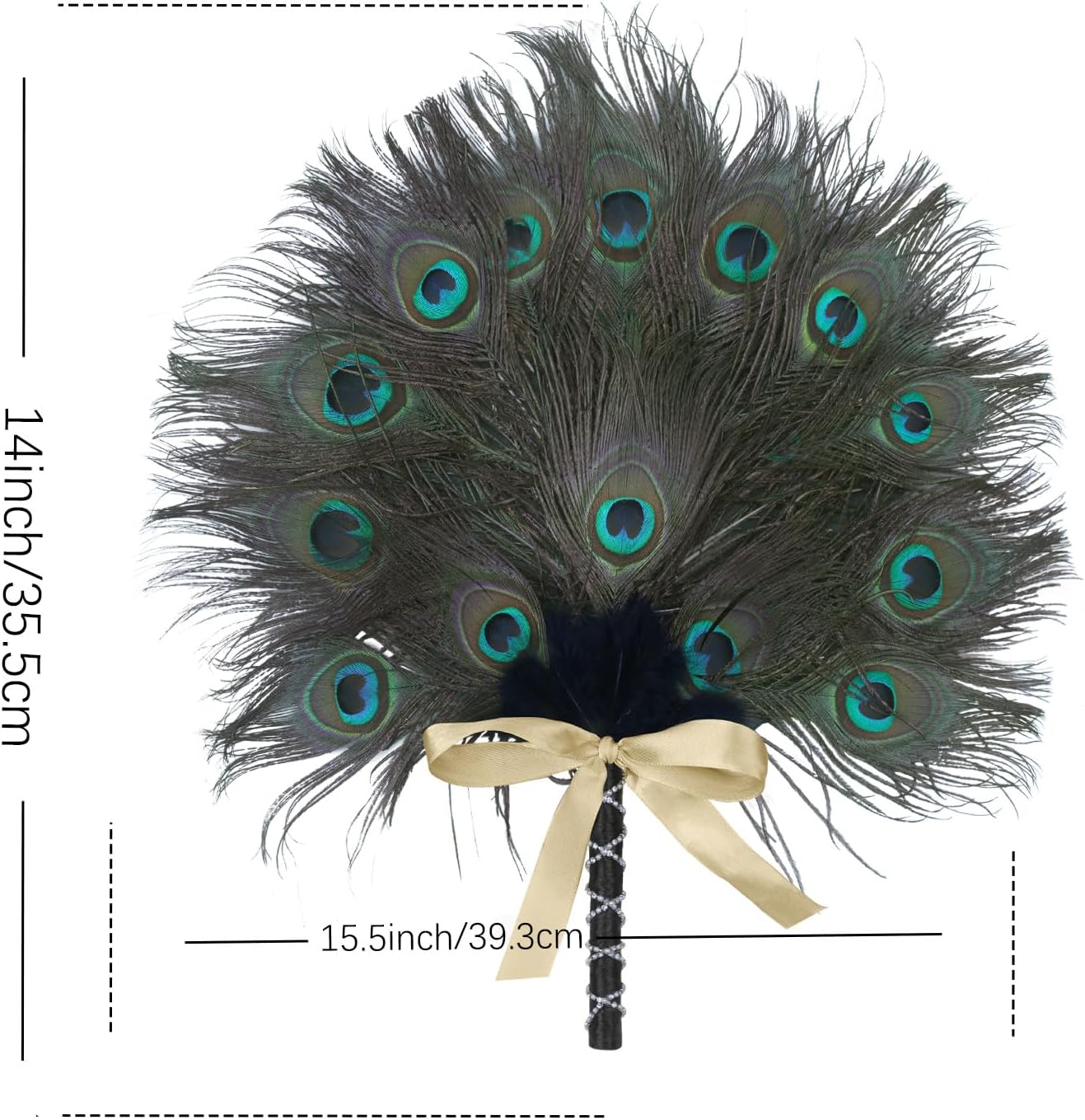 Vijiv Peacock Feather Fan Handheld Large Bridesmaid Bouquet for 1920s Wedding Bridal Great Gatsby Flapper Accessories Vintage Style for Party Ceremony Anniversary Dinning Table Centerpieces Decor