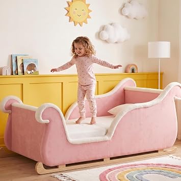 Toddler Bed, Toddler Floor Bed, Sleigh Bed Frame with Wood Slats