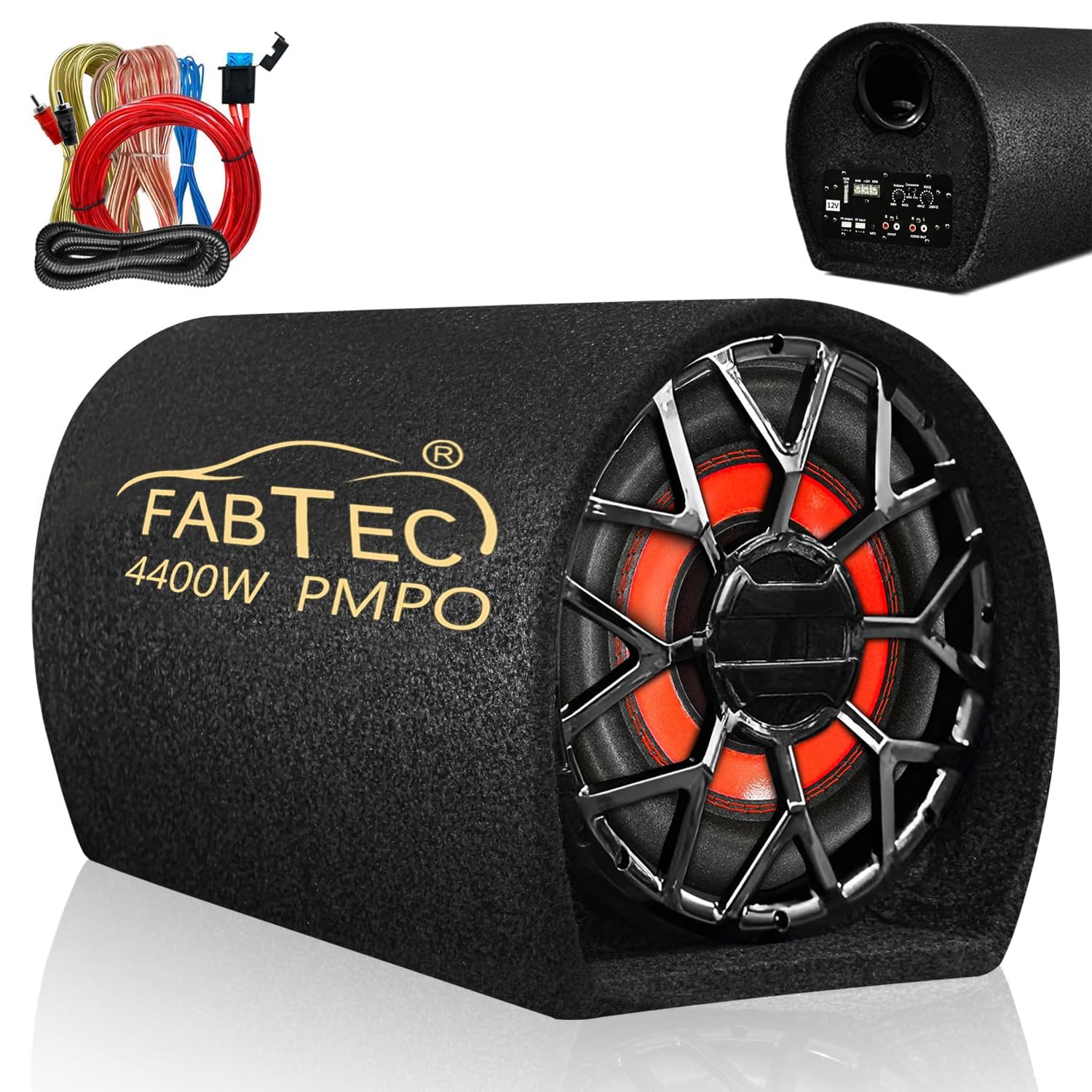 8 Inch Grey Car Bass Tube Subwoofer with Inbuilt Amplifier - Powerful Audio and Deep Bass with Amplifier Wire Kit