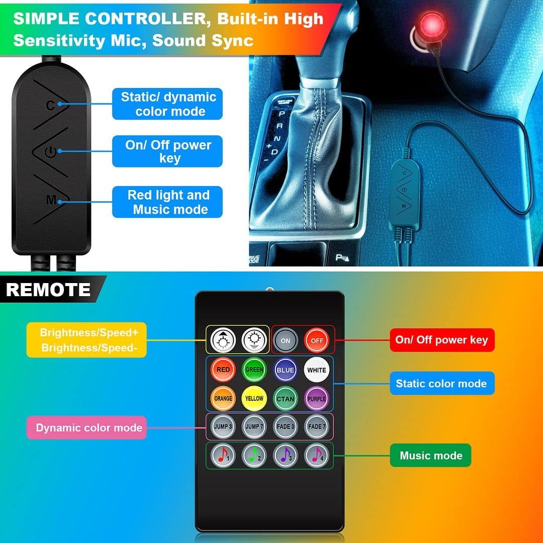 Interior Car Lights Car Accessories, LED Lights for Car APP Control 2-in-1 Long Lines Design, Music Sync Color Change Car Lights, 16 Million Colors RGB Under Dash Car Lighting with Car Charger DC 12V : Automotive