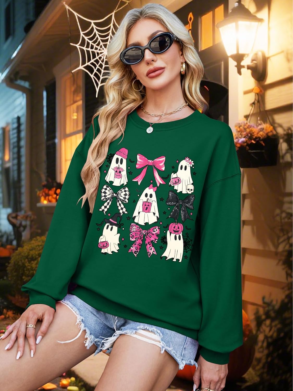 LUKYCILD Ghost Halloween Sweatshirt for Women Coquette Bow Pumpkin Graphic Tee Oversized Spooky Season Long Sleeve Shirt - Image 3