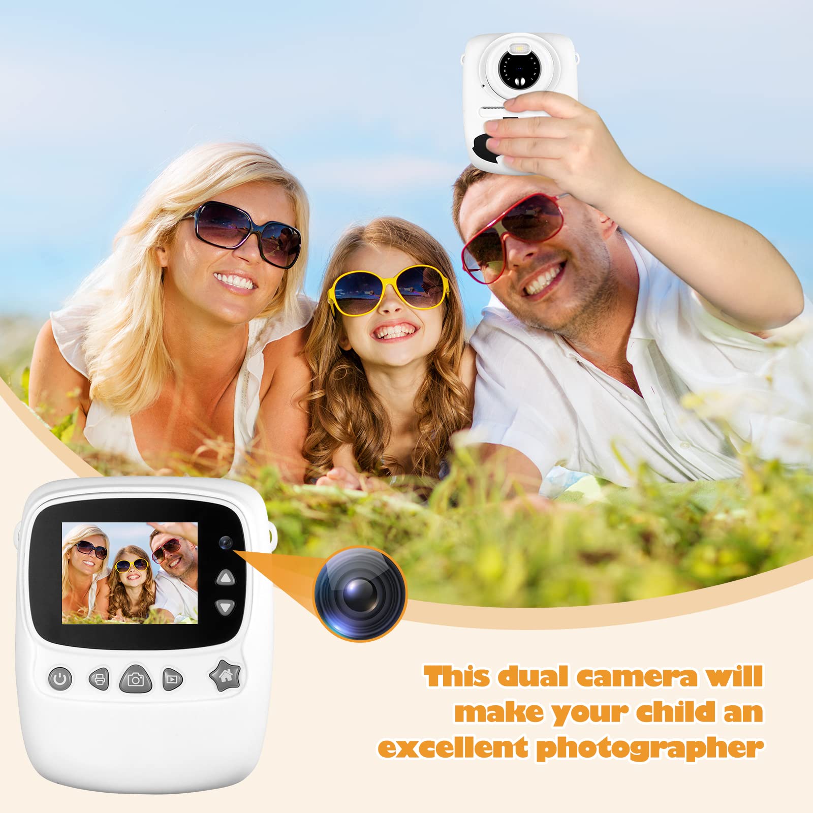 Fotocamera per Bambini, 30 MP, Doppia Fotocamera, Stampa in Bianco e Nero, Schermo da 2,4 Pollici, Scheda TF da 32 GB, Bianca