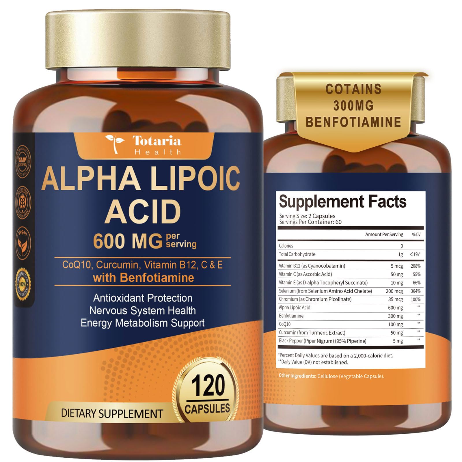 Alpha Lipoic Acid 600mg with Benfotiamine 300mg - ALA Supplement for Antioxidant, Nerve Health, Energy & Metabolism Support, Cell Energy, Neuropathy Supplement, Anti-Aging, Non-GMO, Gluten Free, Vegan 600mg 120 Count (Pack of 1)
