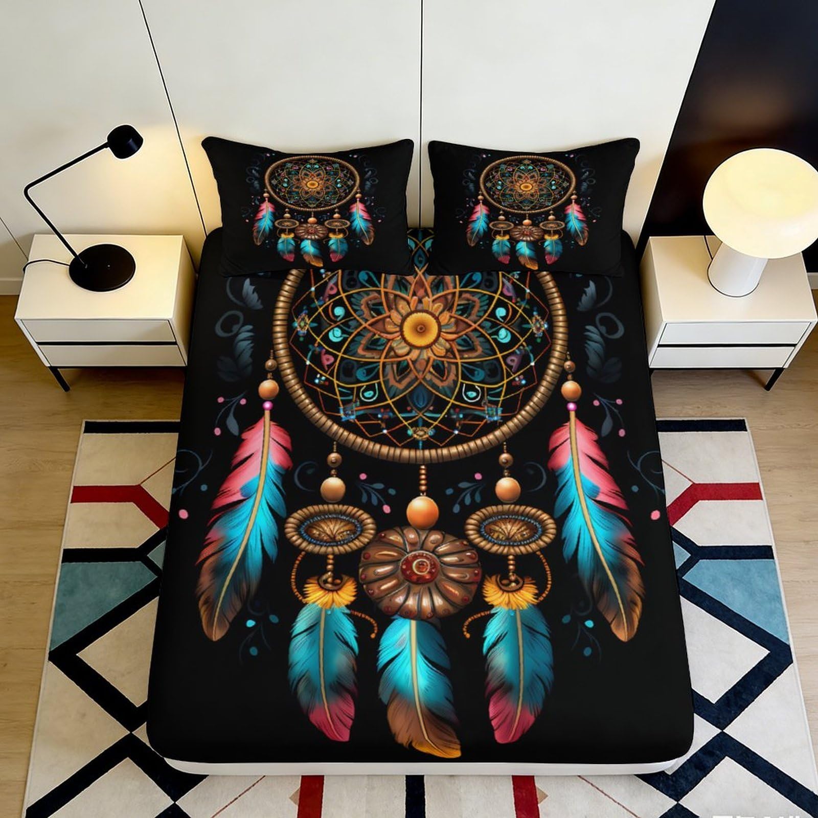 3D Printed Dreamcatcher Fitted Sheet Microfiber Soft Breathable Feather Bed Cover for Bedroom Dormitory Guest Room Mattress Protection Decor 180x200x25cm