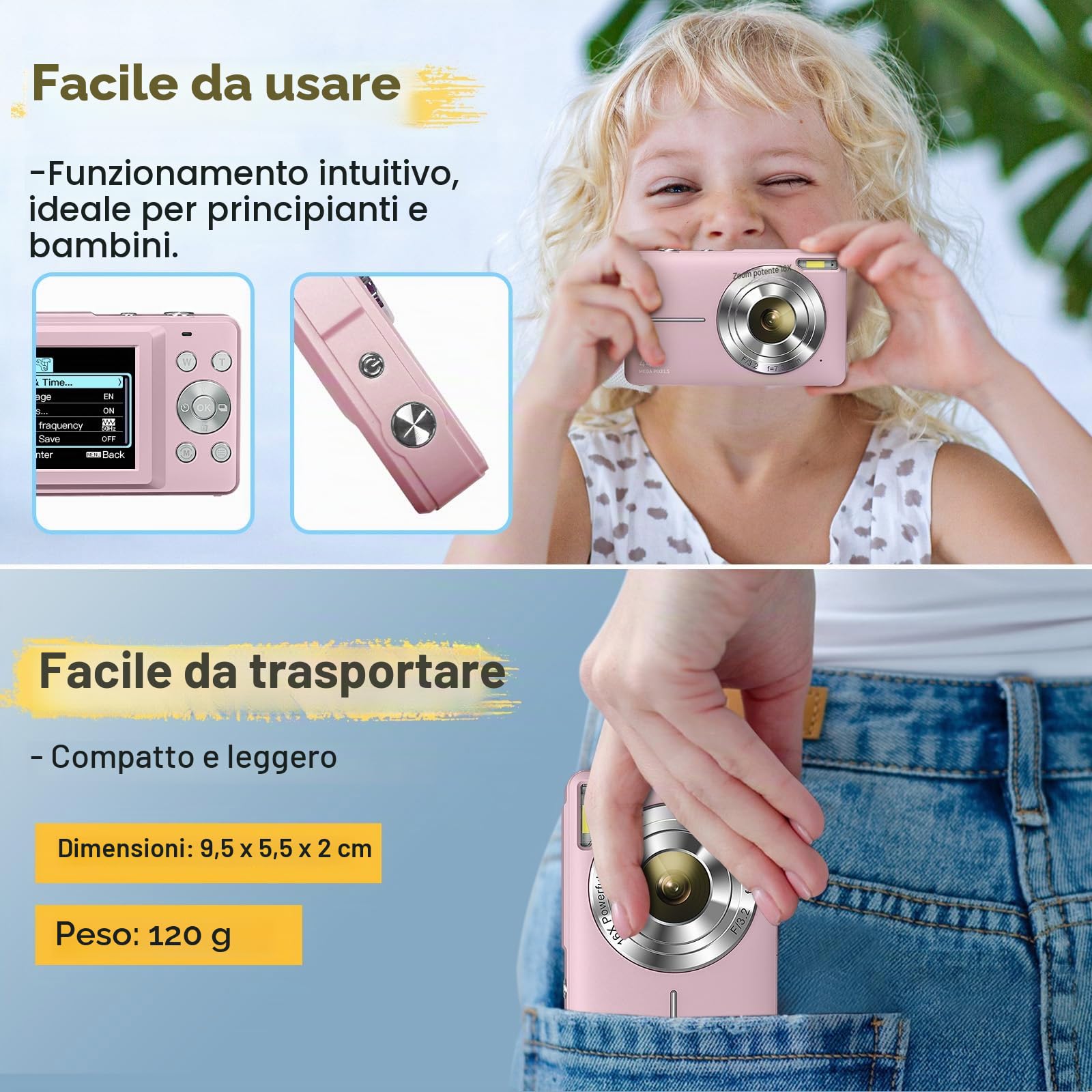 Fotocamera digitale 44MP 1080P 16X zoom digitale fotocamera digitale con batteria portatile semplice fotocamera digitale per bambini/studenti/adolescenti/principianti/anziani rosa