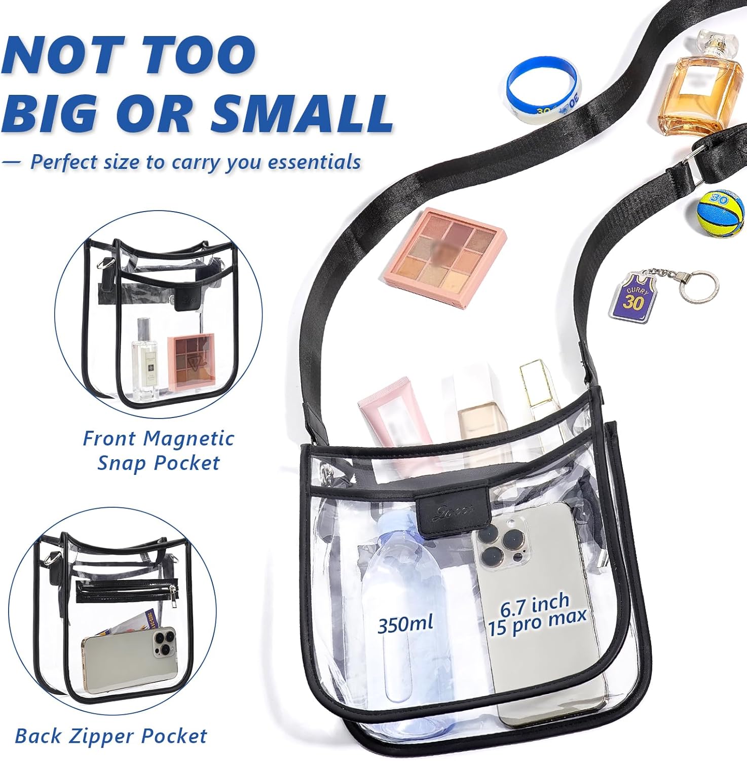 3 Pockets Large Clear Bag for Stadium Events with 2 Long Straps Purse for Women Crossbody Bag Concert Stadium Approved | 3 Pockets, Large, Stadium Events, 2 Long Straps, Concert, Stadium Approved - Image 5