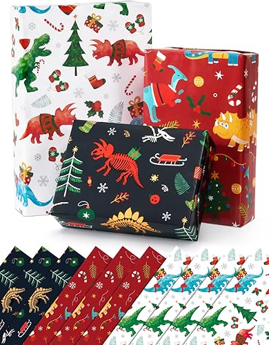 WERNNSAI Papel de regalo de Navidad de dinosaurio, 10 hojas, 20 x 27 pulgadas, plegado plano, papel de regalo de vacaciones y cumpleaños