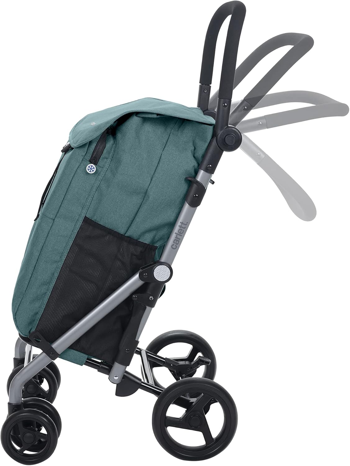 Close-up of the safety brake mechanism on the rear wheel of the Carlett shopping cart.