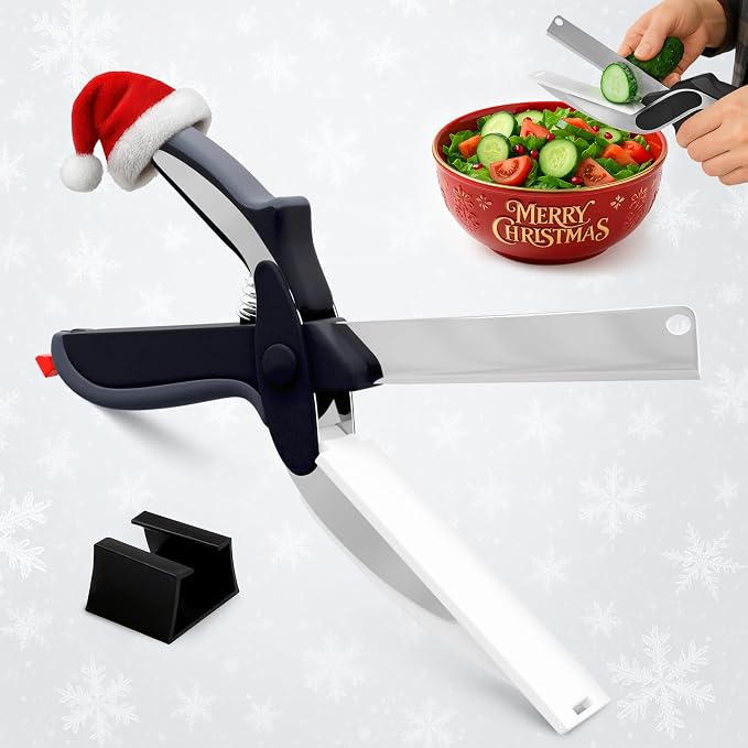 2 in 1 Kitchen Scissors for Food – Stainless Steel Blade & Plastic Cutting Board Scissors with Safety Lock | 9.6" Tomato Knife, Fruit & Vegetable Cutter – Easy-to-Use Kitchen Shears for Meat, Cheese