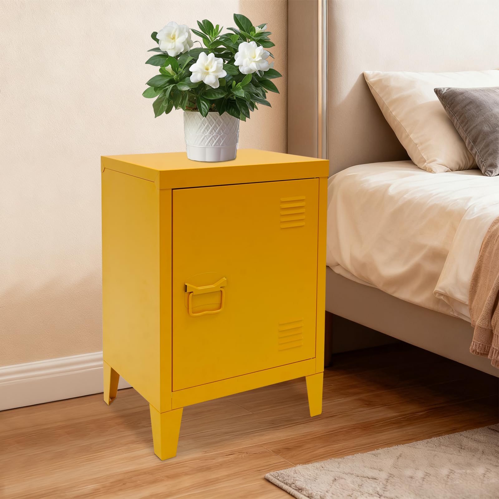 Armoire à outils en métal - 2 niveaux - 1 porte - 40 x 30 x 57 cm - Table de chevet - Armoire de bureau - Buffet de salon - Durable (jaune)
