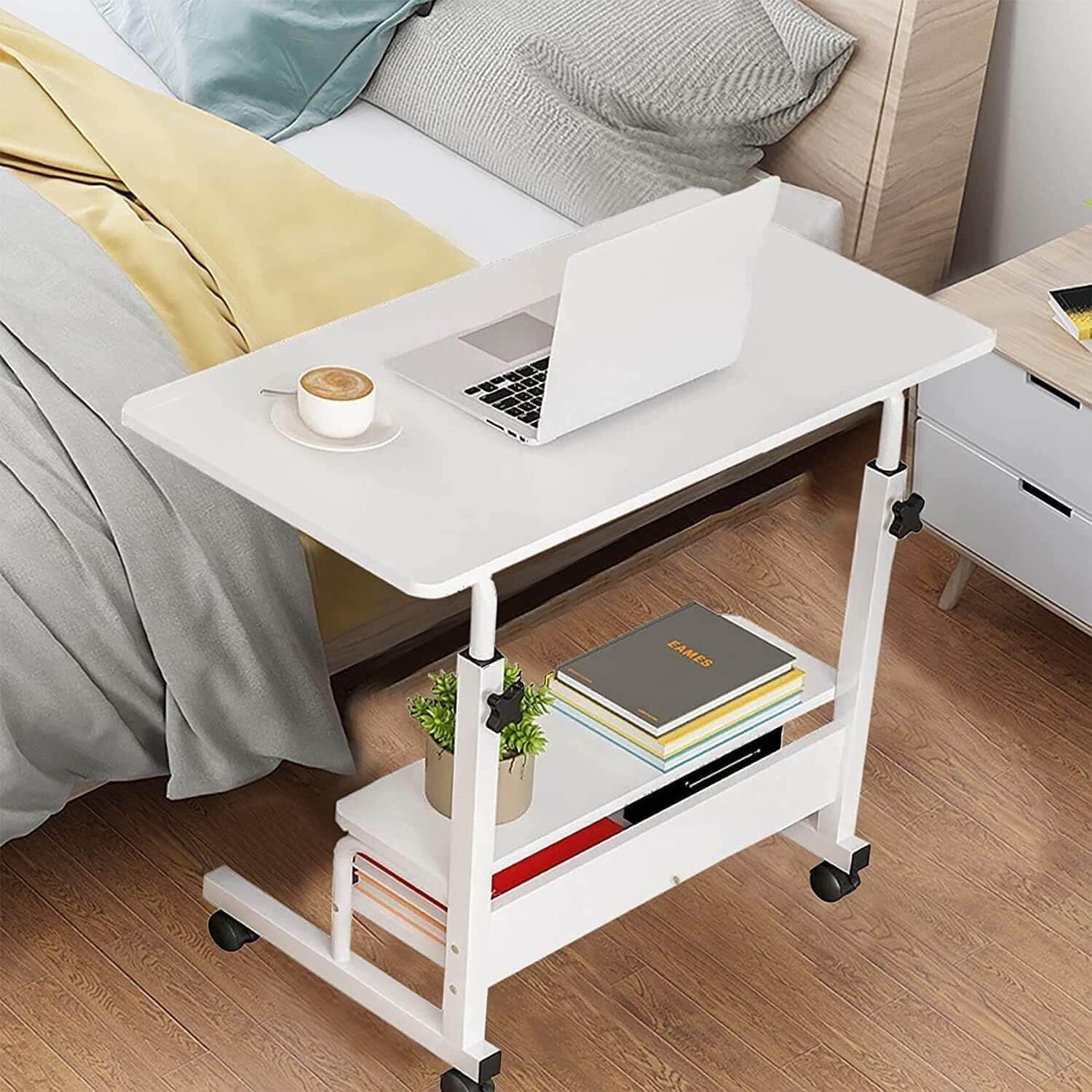 Adjustable Height Mobile Computer Desk for Small Space Rolling Writing with Wheels Corner Home Office Study Portable Bedrooms Work Size 31.5×15.7 Inch Storage Gaming Table, White