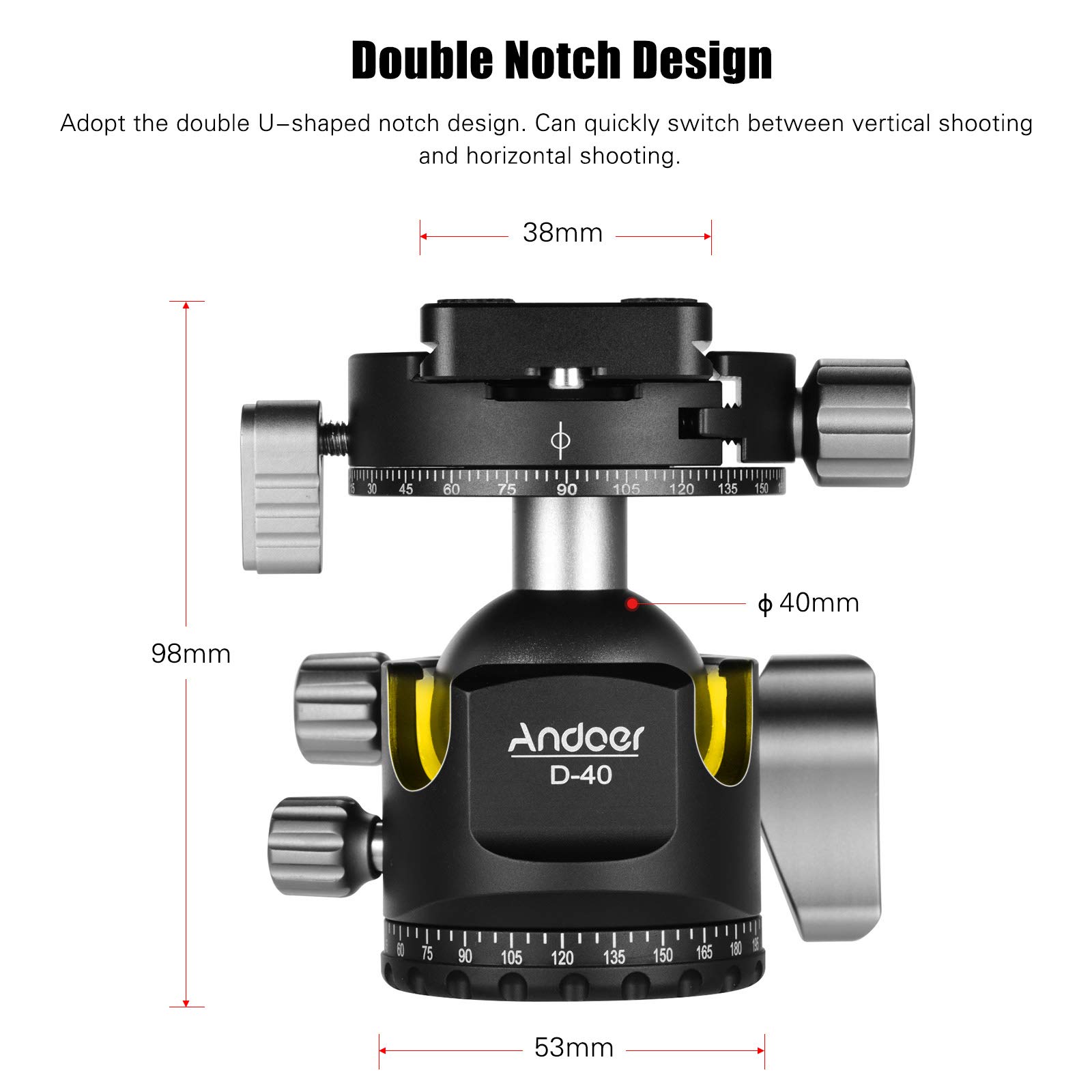 Andoer Testa a sfera panoramica, testa a sfera per fotocamera, design a U, centro di gravità basso, supporto per treppiede, monopiede, fotocamere DSLR-ILDC, portata massima 25 kg