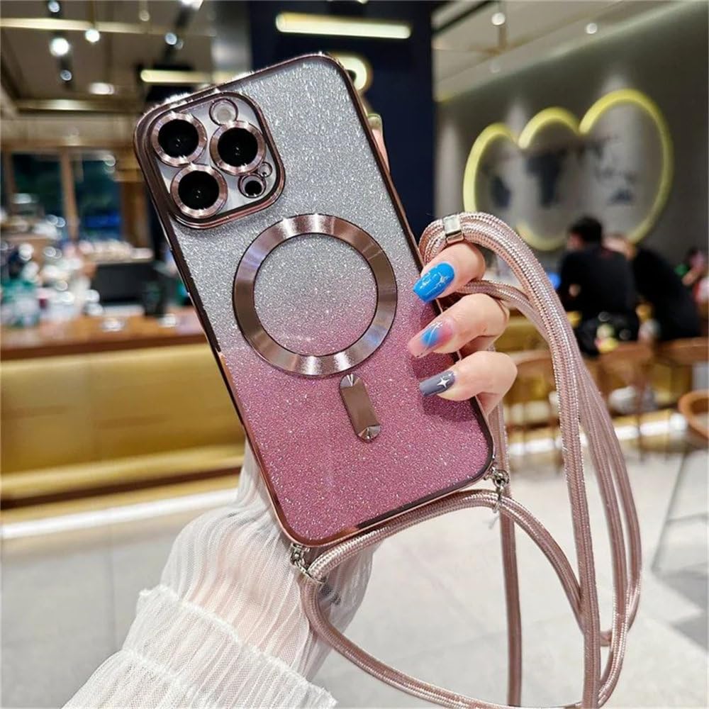 Coque iPhone 13 Pro cordon rose anti-chute avec dos magnétique pailleté - 8