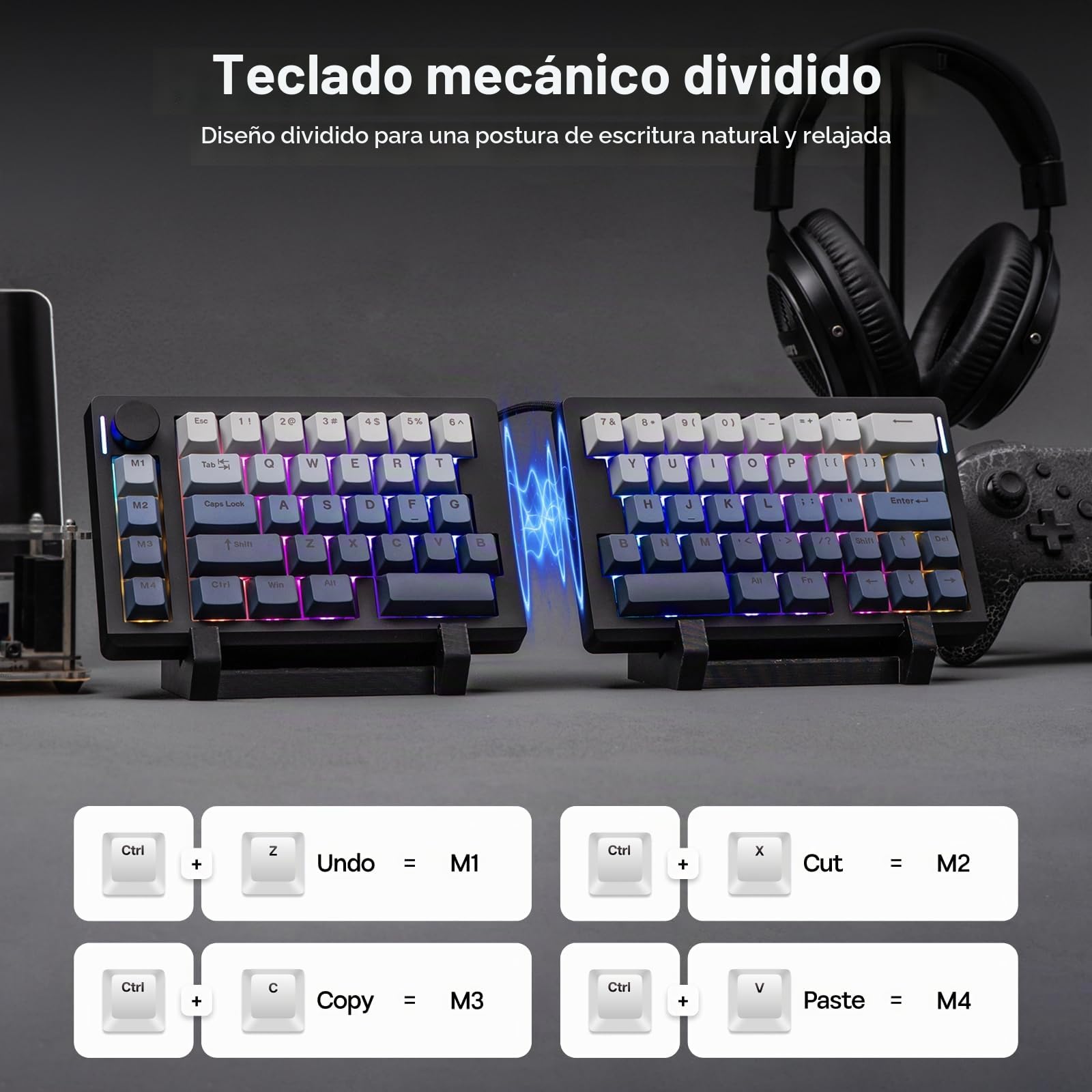 EPOMAKER Split70 Teclado Ergonómico Inalámbrico con QMK/Via y Perilla, Teclado Mecánico Gaming con RGB, Hot-Swap, Switch Lineal Lubricado, Teclas PBT, Gasket, QWERTY US 70%, para Mac/Win (Negro)