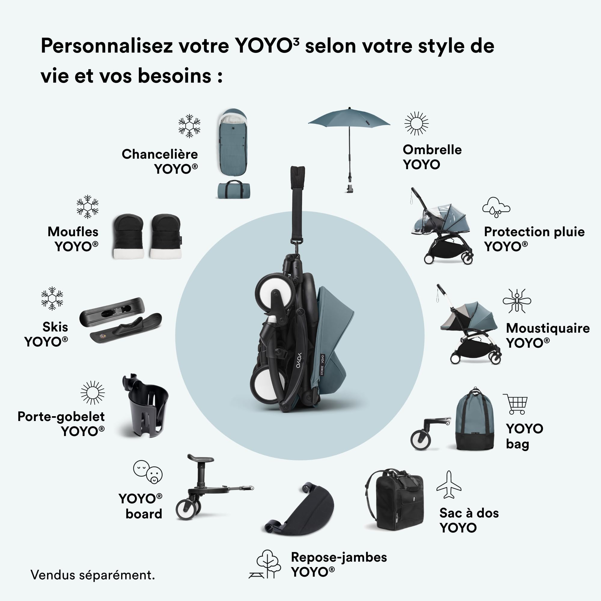 Stokke YOYO3 châssis (Noir) avec Pack nouveau-né YOYO 0+ (Aqua) - Comprend un matelas, un harnais à cinq points, une capote extensible, bandoulière rembourrée, et housse de protection