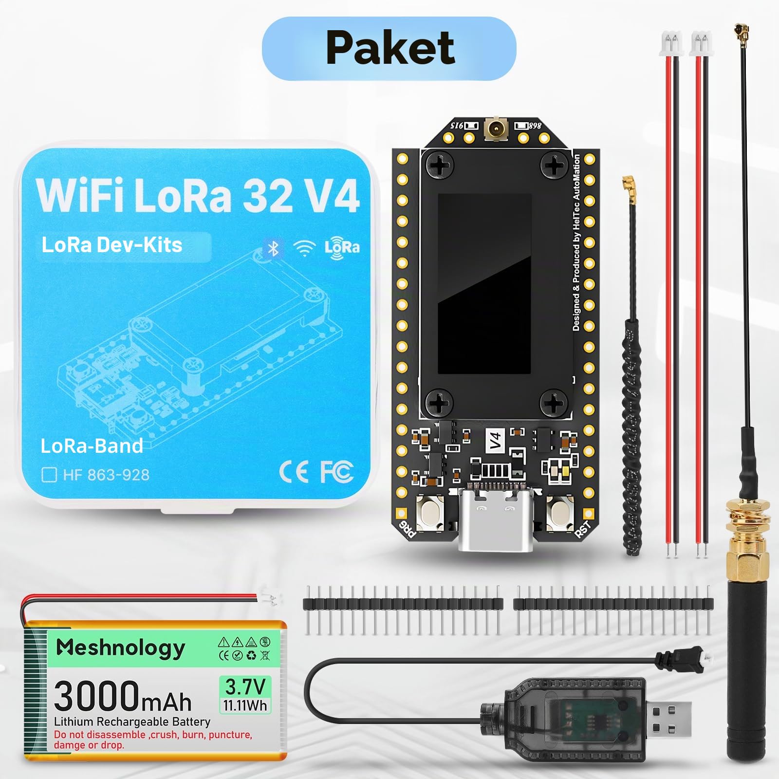 ESP32 LoRa V4 Dev Board + 3000-mAh-Akku, verbessertes ESP32-S3 LoRa WLAN Bluetooth 2 MB PSRAM 16 MB Flash 863-928 MHz Antennen OLED Unterstützt GPS und Solar für Arduino Meshtastic LoRaWAN
