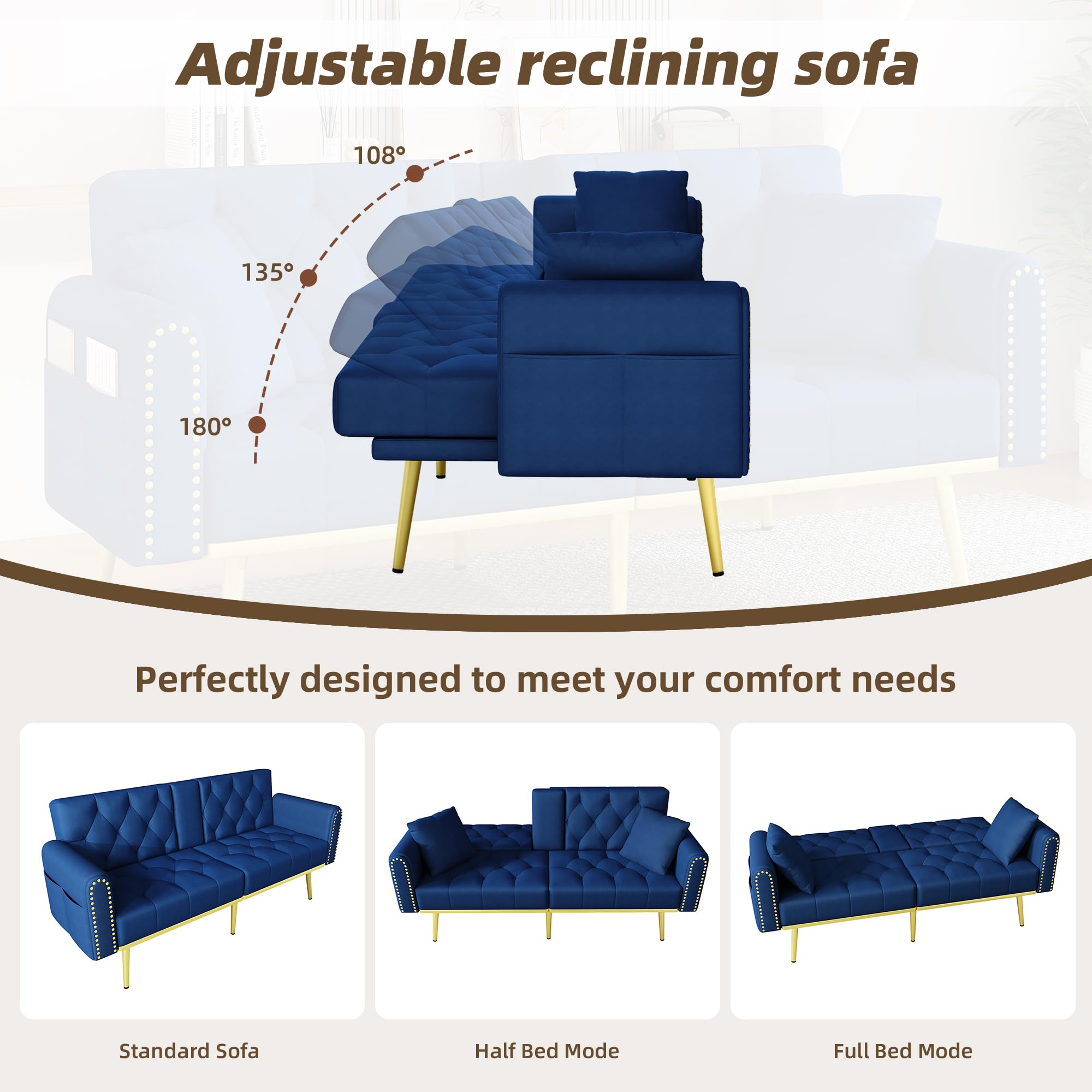 SACOOL Sofá cama doble plegable con función reclinable, tres ángulos de inclinación ajustables, soporte para bebidas, funda de tela, color azul, adecuado para salón, dormitorio, cine en casa