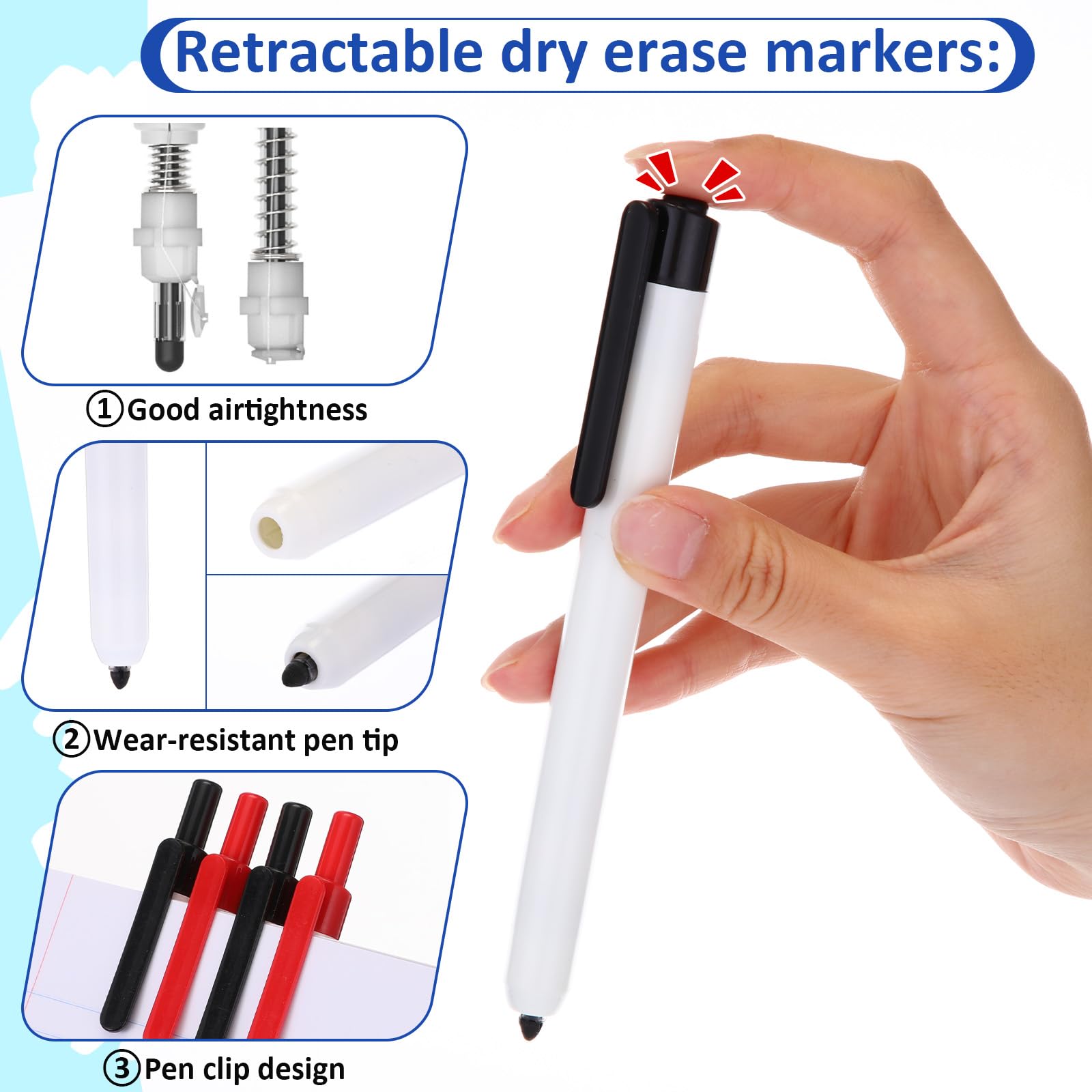 Affrolling Ausziehbare Whiteboard-Marker, 24 Stück, anklickbar, kein Verlaufen, feine Spitze, große Kapazität, radierbare Marker für Schule, Büro, Meetings (Schwarz, Rot)