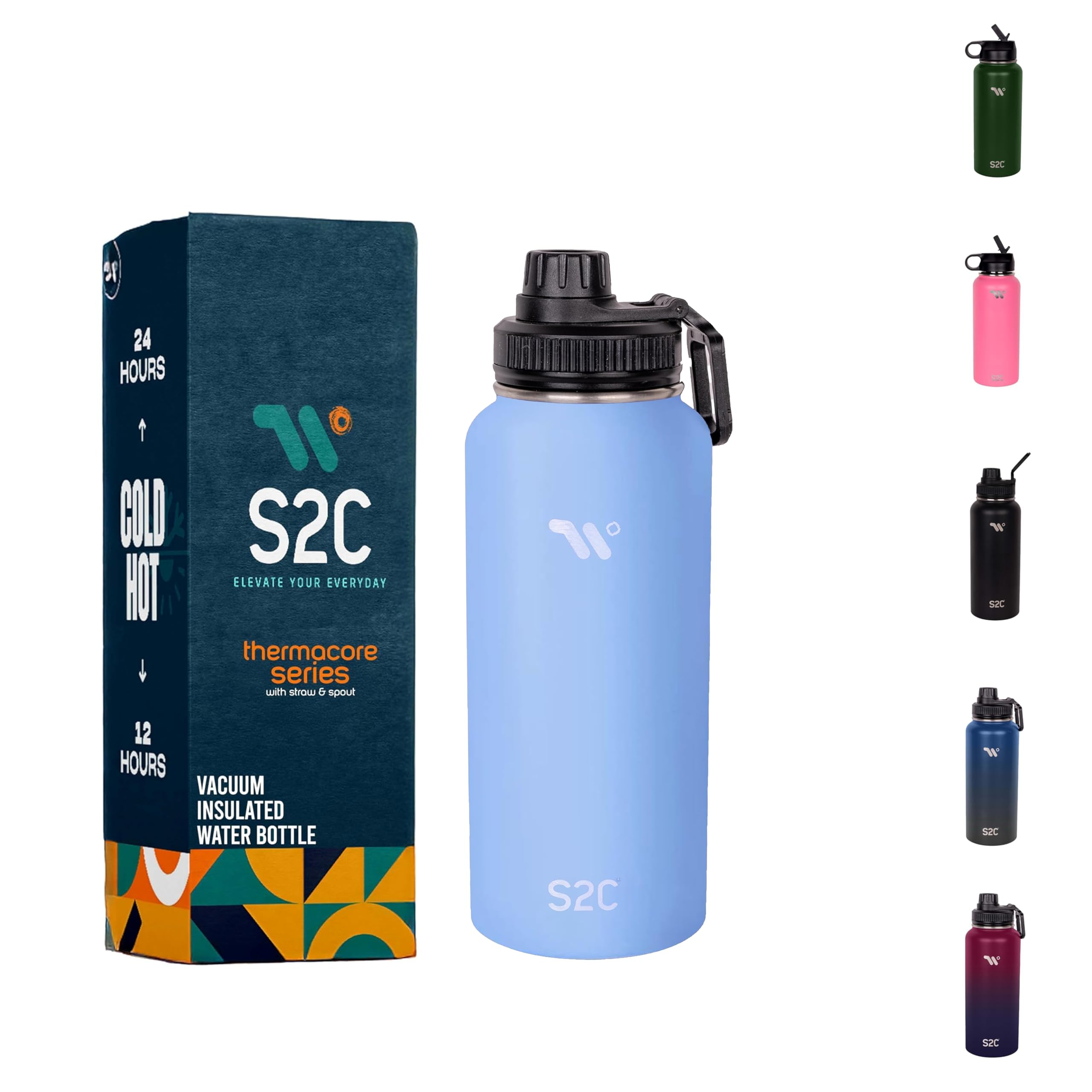 S2C Stainless Steel Water Bottle 1L, 32oz Double Wall Vacuum Insulated Water Bottle, BPA Free with Spout Lid - Thermos Water Flask for Hot Water(SKY BLUE)