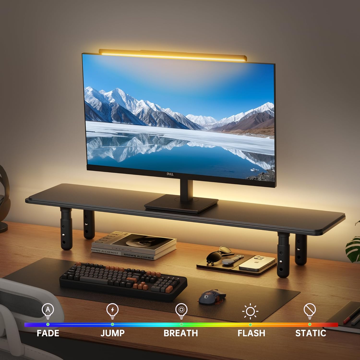 Dual Monitor Stand for Desk, Adjustable Height Wood Computer Riser, Ergonomic Monitor Shelf for Laptop, Printer, TV, Black - Large Storage Space, Sturdy Desk Organizer for Home & Office,Black