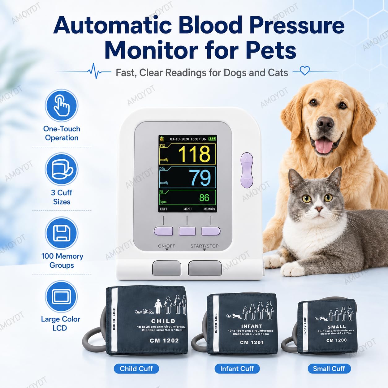 Misuratore di Pressione Sanguigna Veterinario, Bracciale Digitale per La Misurazione della Pressione Sanguigna con 3 Bracciali E Display LCD, 100 Set di Memoria per Cani, Gatti E Altri Animali