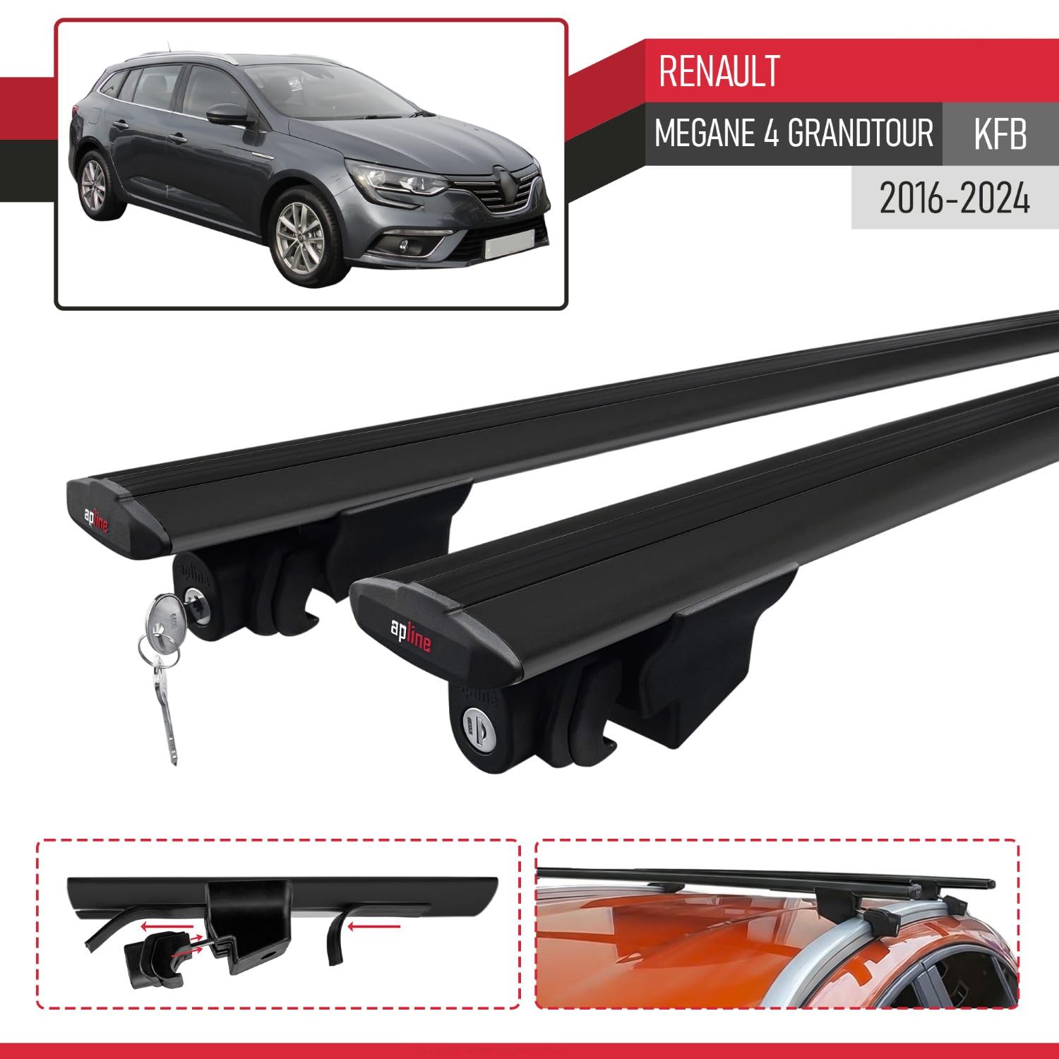Kompatybilny z Renault Megane 4 (KFB) Grandtour 2016-2023 HOOK Model Aluminiowy bagażnik dachowy 2 poprzeczki, czarne