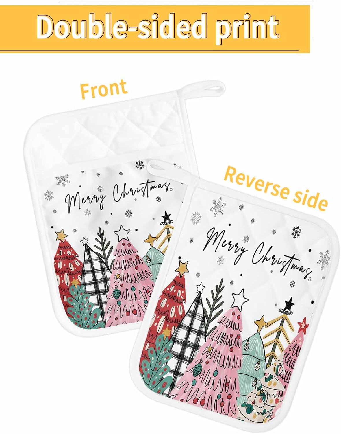 5PCS Pot Holders with Pocket for Kitchen, Christmas Tree Pot Holder Set Heat Insulation Potholders, Xmas Trees Snowflake Winter Oven Mitts Hot Pads for Baking Cooking Barbecue