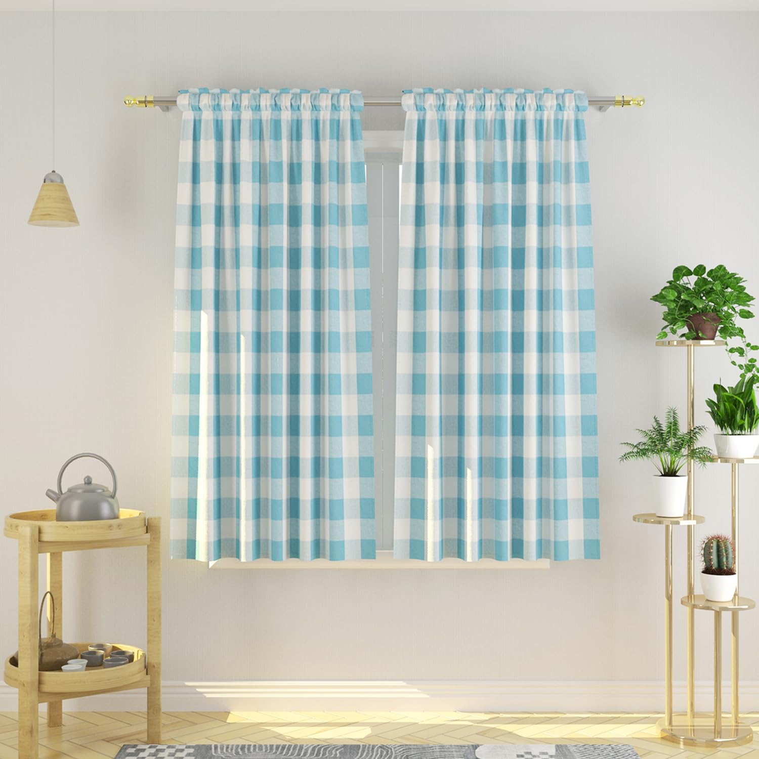 Buffalo Check Curtains 54 inches Long Cotton Basement Sky Blue and White Gingham Plaid Kitchen Window Curtain Panels Living Room Checker Drapes Bedroom Rod Pocket Window Treatment 2 Panels