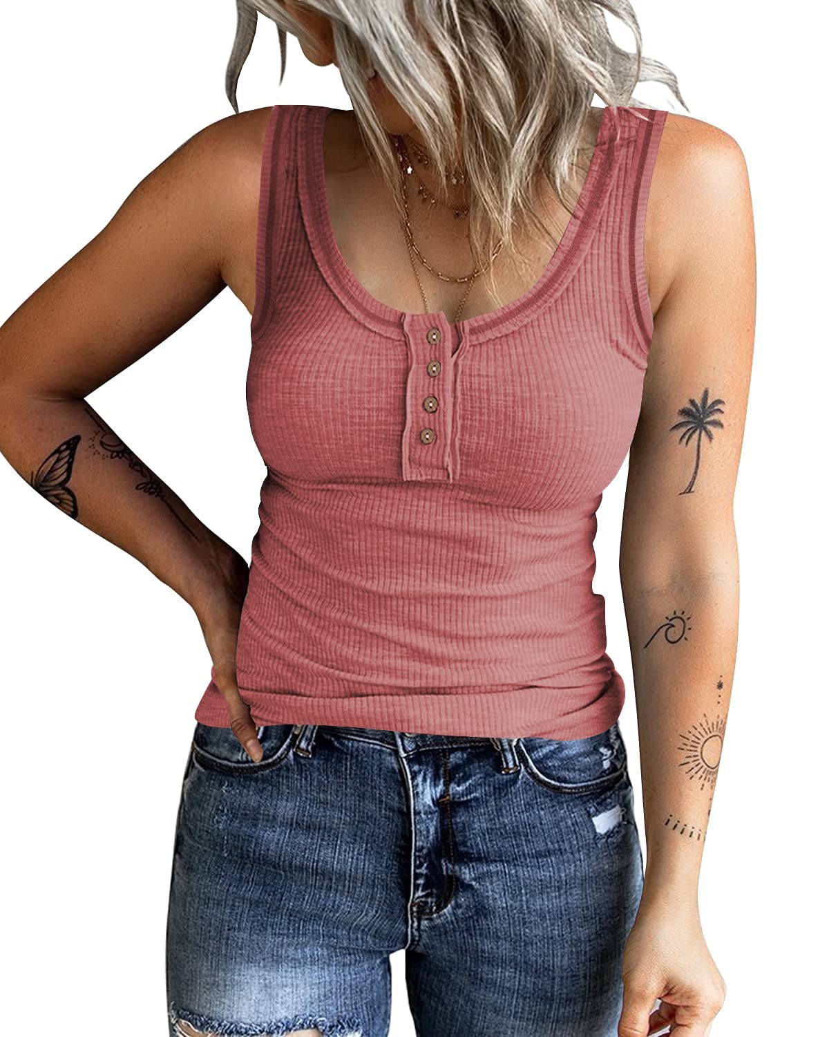 Women's Sleeveless Racerback Henley Tank Tops Summer Ribbed Knit Button Down Slim Fit Basic Cami T Shirts Blouse