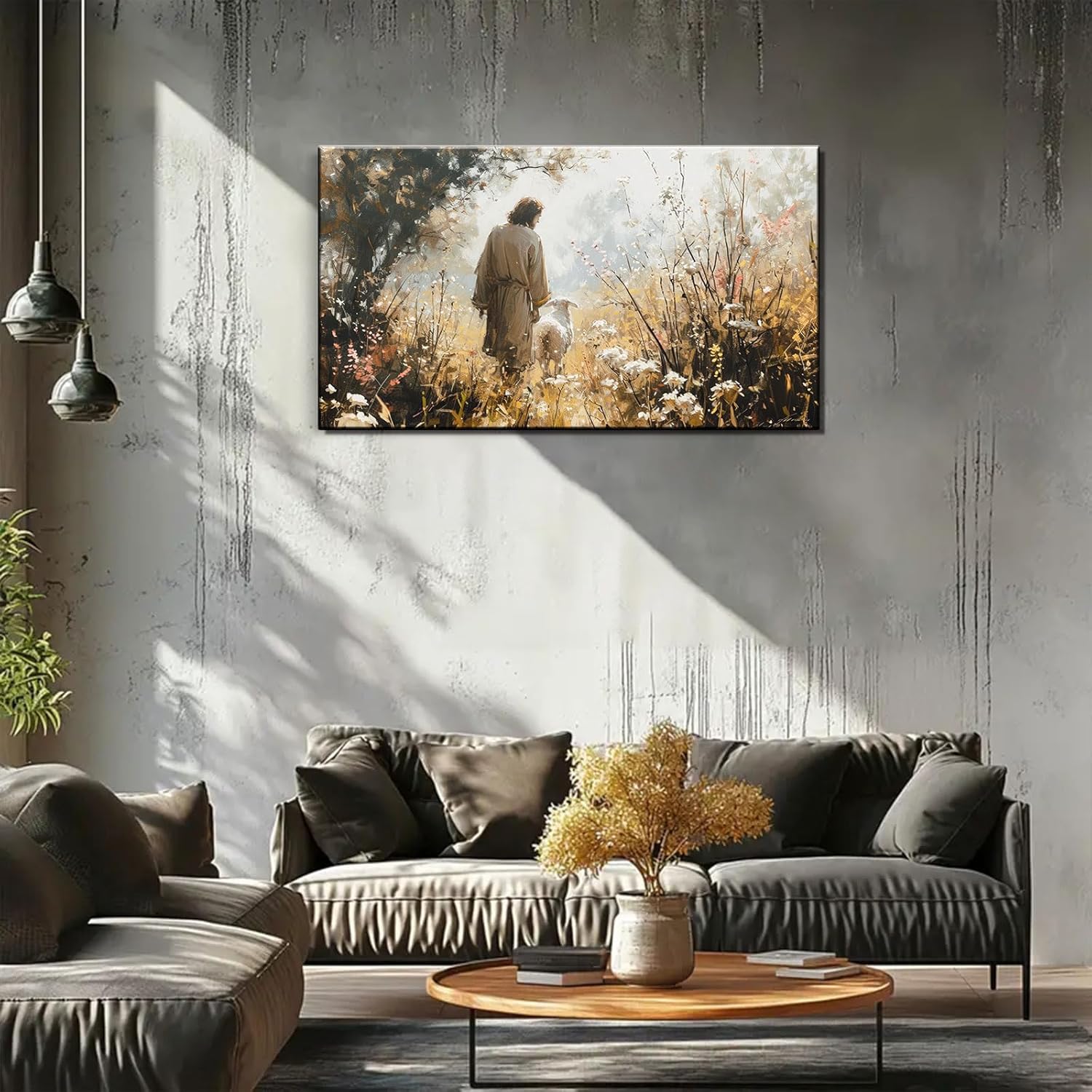 1Pcs Vintage Framed Jesus Lamb Paintings Canvas Wall Art Shepherd Flock Paintings Christian Wall Decor Modern Pictures Religious Art Print for Living Room Bedroom Decoration24x36in
