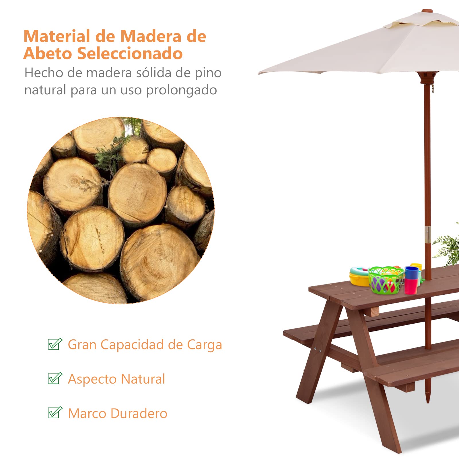COSTWAY Mesa de Picnic para Niños 3 en 1, Mesa de Actividades al Aire Libre para Niños con Paraguas Extraíble, Bancos de Madera, Mesa de Picnic Exterior para Jardín, Patio, Casa, Césped