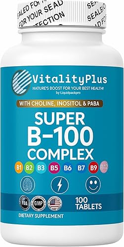 Complejo Super B-100  Todas las vitaminas B incluyendo B12, B1, B2, B3, B5, B6, B7, B9, Folato  Vitaminas B de alta potencia con colina, inositol y