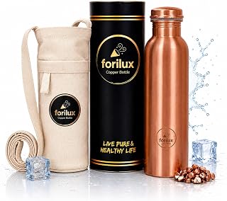 100% Pure Copper Water Bottle 34 oz (1 Liter) – Ayurvedic Copper Drinking Bottle – Leak Proof Bottle for Water – Metal Water Bottle With Canvas Carry Bag for Yoga, Gym, Office & Travel (Solid Finish)