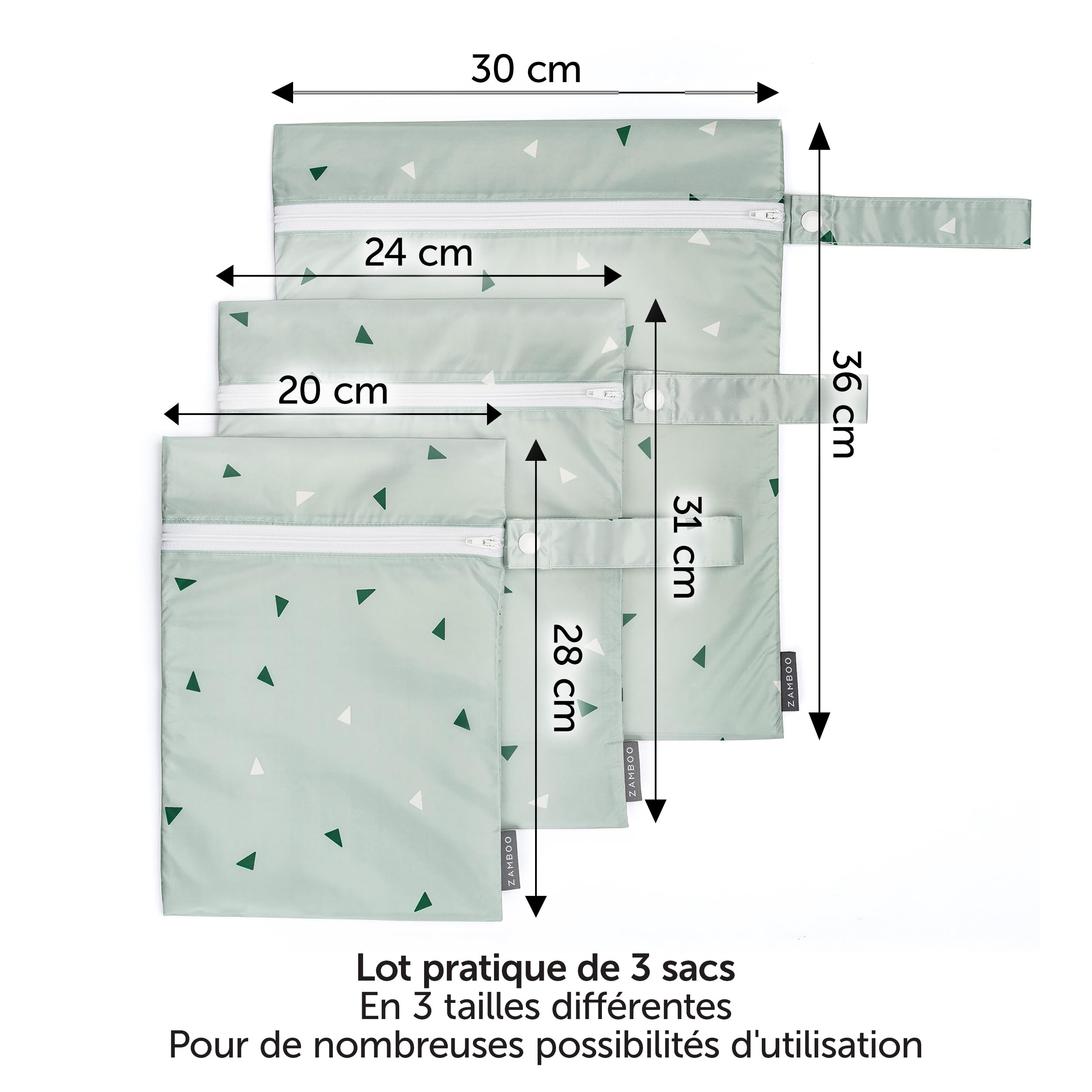 ZAMBOO Sac a Couches Bebe (3 pièces) - Lot de Pochettes pour Couche Lavable et Change Bébé, Fermeture Éclair et Boucle, Certifié Oeko-TEX 100 - Vert