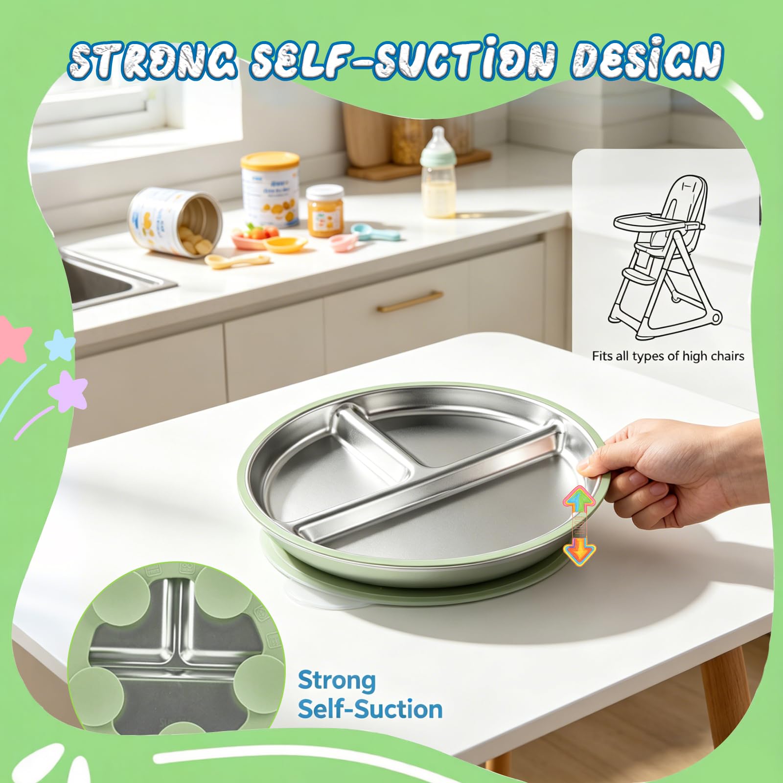 Lot de 2 Coffrets Repas Bébé, 2 Assiettes Acier Inoxydable avec Ventouse Silicone, 2 Fourchettes + 2 Cuillères – Vaisselle Antidérapante Enfant, Sans BPA, Favorise l’Autonomie Alimentaire