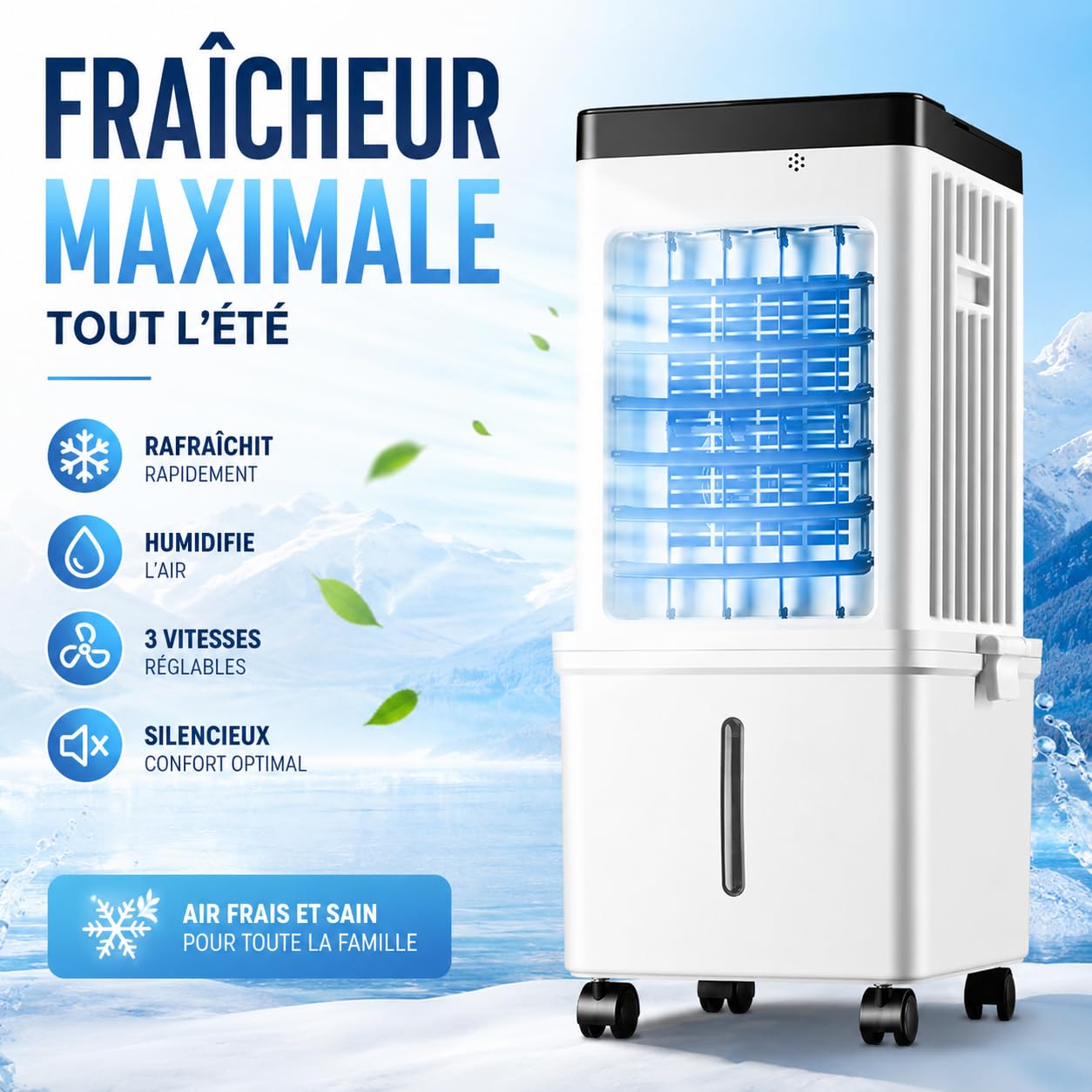 Rafraîchisseur d'Air Évaporatif 3 en 1, Ventilateur Refroidisseur avec Humidificateur, Réservoir 15 L, 3 Vitesses, 3 Modes, Oscillation 120°, Télécommande, Minuterie, 65 W, Sur Roulettes