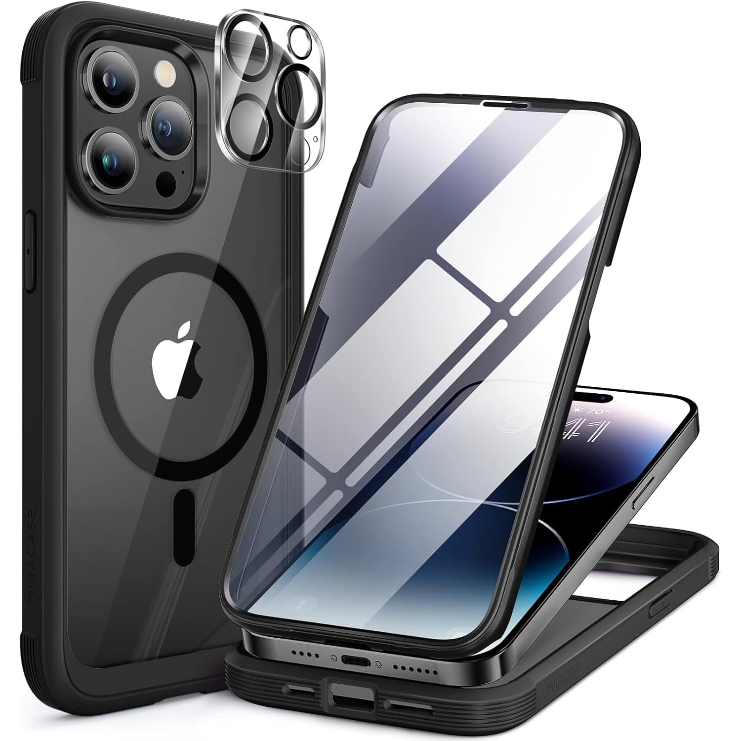 Miracase Magnetic for iPhone 14 Pro Case 6.1 inch, (Compatible with MagSafe) Upgrade Full-Body Clear Phone Bumper Case with Built-in 9H Tempered Glass Screen Protector, Magnetic Matte Black