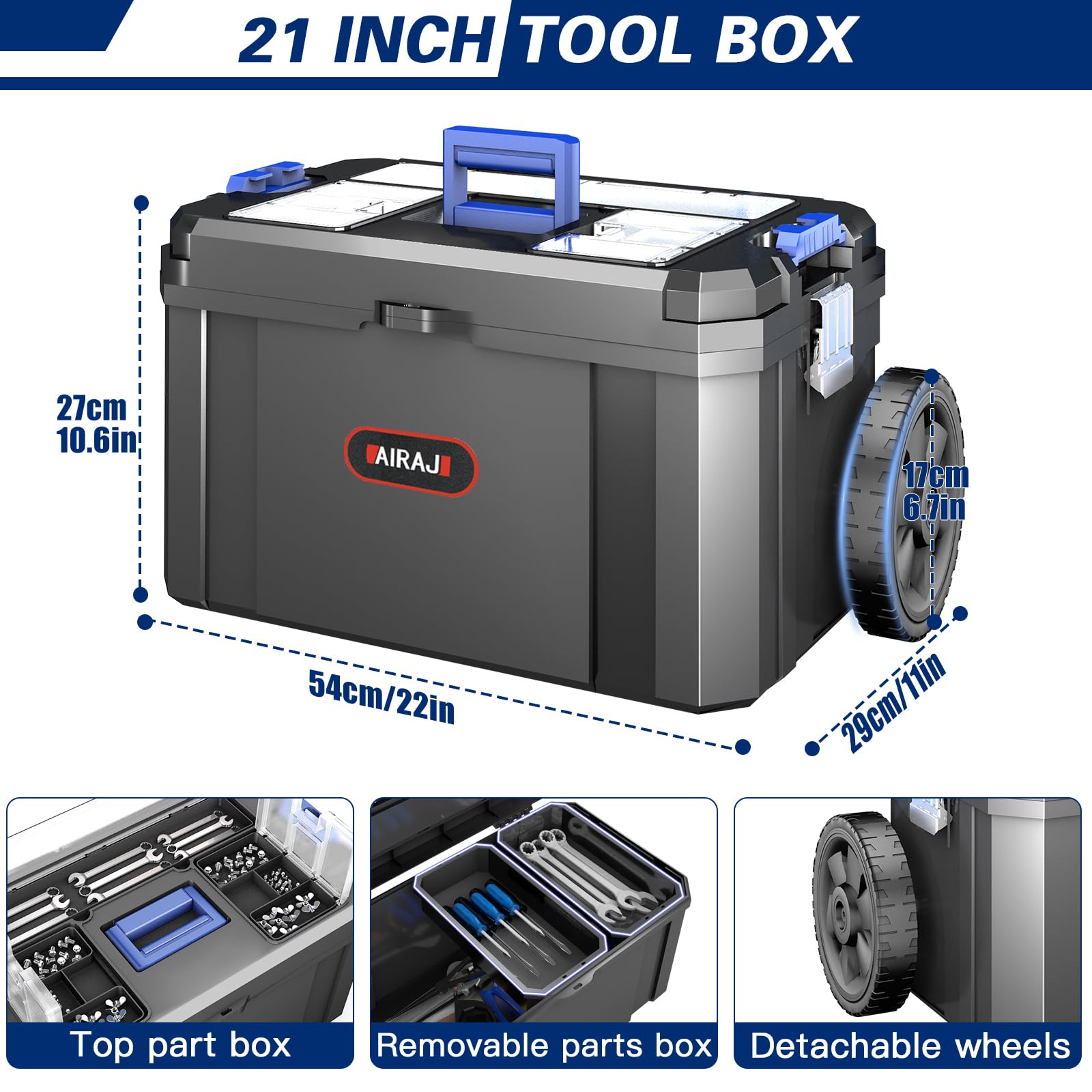 3-in-1 Werkzeugkoffer mit Rollen,Modularer Werkzeugkoffer Leer,Stapelbarer Werkzeugkiste,Oberteil mit Teilebox,mit Abnehmbarer Kleinteilebox,Geeignet für Zuhause,Reparieren und Garage,17"+19"+21"