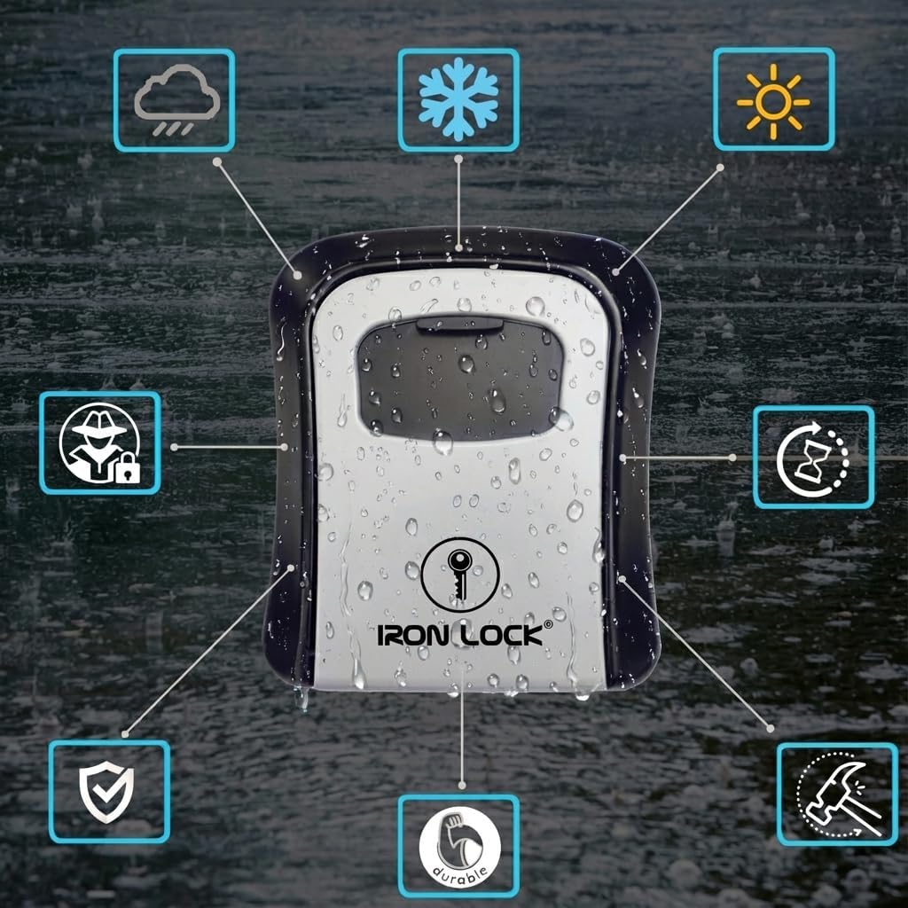 Iron Lock® Key Lock Box Wall Mount – Medium Waterproof Heavy-Duty Metal Safe with 4-Digit Combination for Outdoor Access, Home Entry, Office Security, Rentals & Airbnb Use (Grey, Medium)