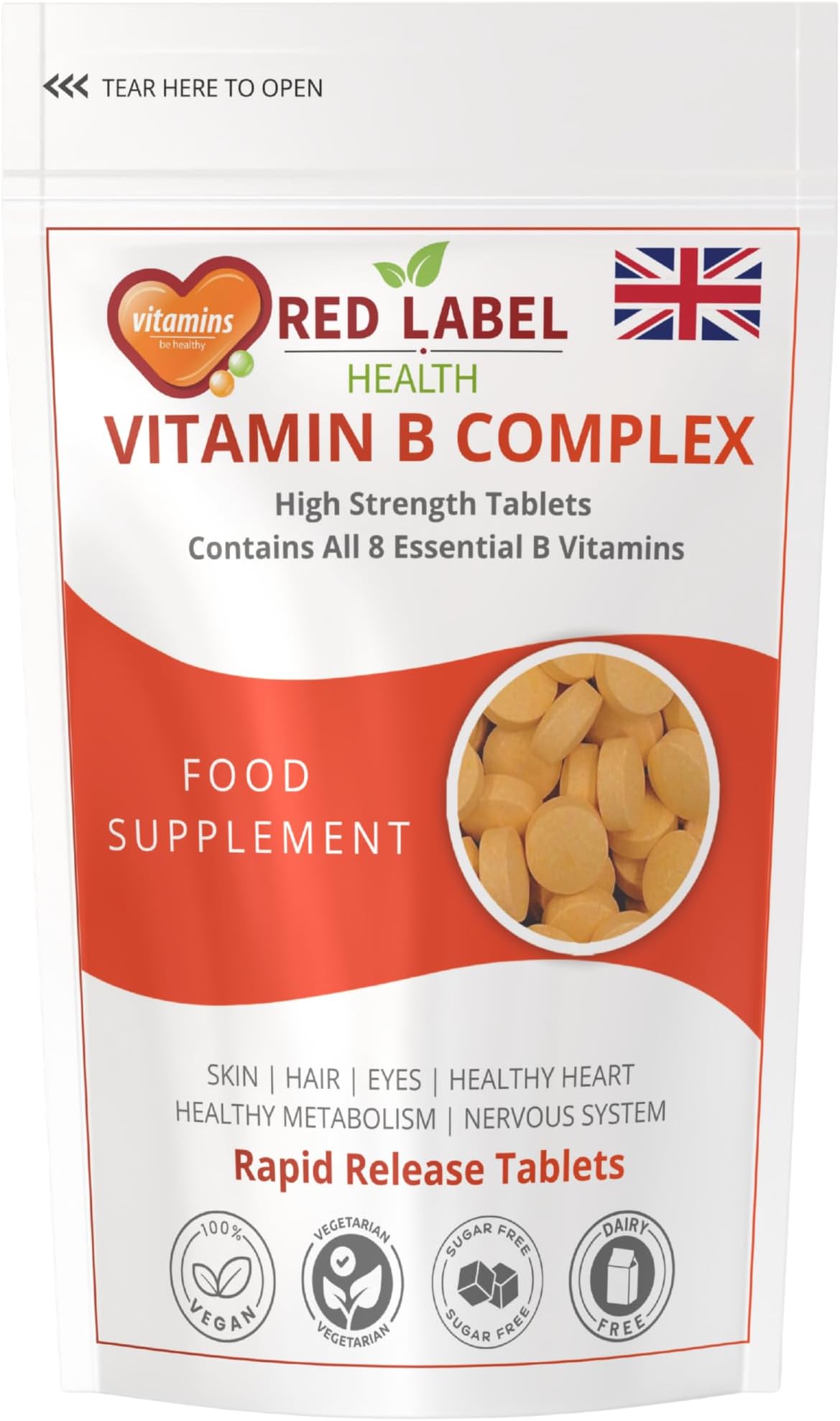 Vitamin B Complex High Strength 30 Tablets (1 Month Supply) - B1, B2, B3, B5, B6, B12, Biotin & Folic Acid for Men & Women, Vegan & Vegetarian-Friendly
